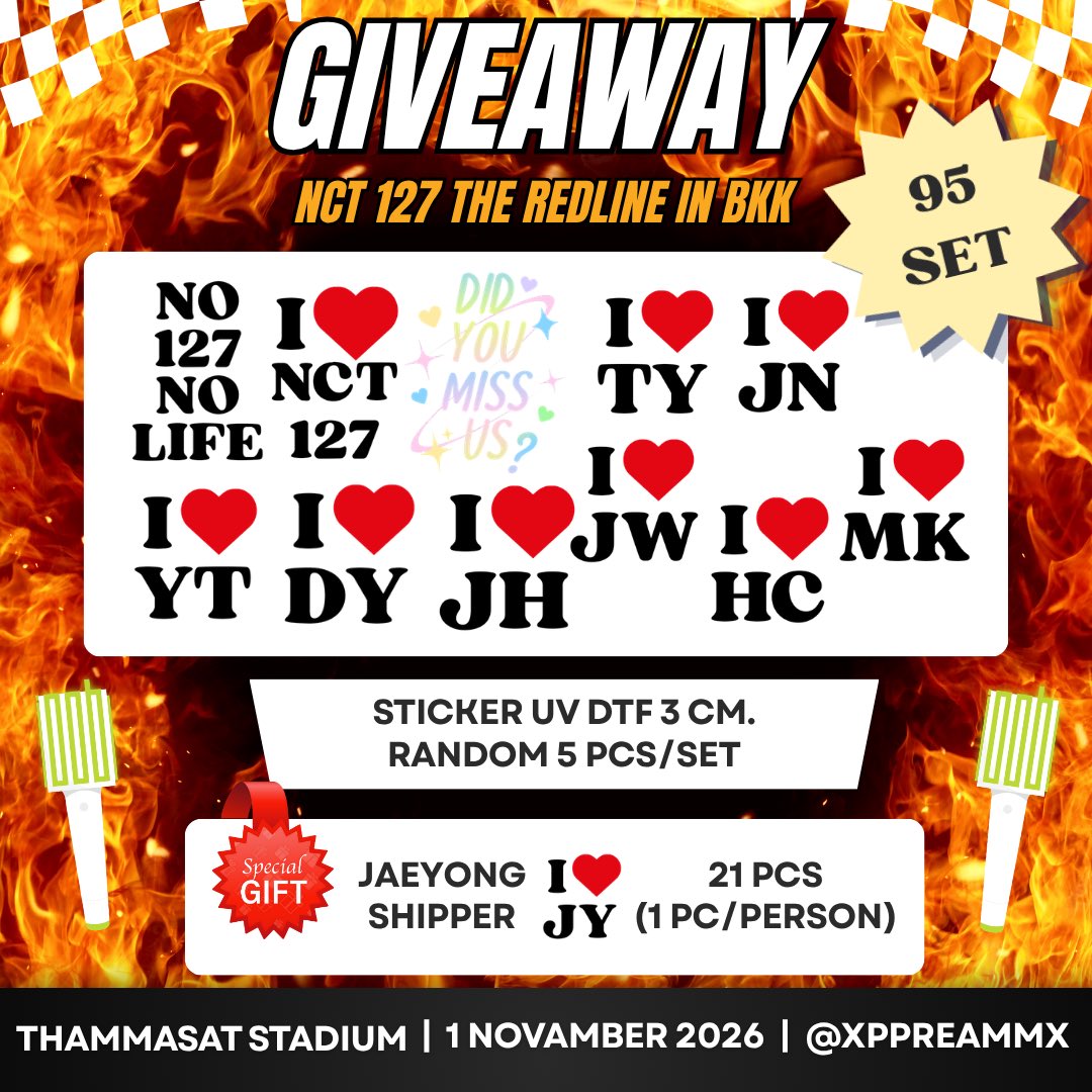 xppreammx's tweet photo. Pls rt 🔥

Giveaway #THE_REDLINE_BANGKOK 

Sticker UV DTF 3 cm. 

95 Sets
*Random 5 pcs/set*

Special for jaeyong shipper 21 pcs

🗓️1 Nov 2026
🏟️THAMMASAT stadium
⏰tba 

📌rule : rt &amp; show this tweet

#NCT127_5TH_NEOCITY_THE_REDLINE
#NCT127_5TH_NEOCITY_BANGKOK_THE_REDLINE https://t.co/sOJ4bjXcPP