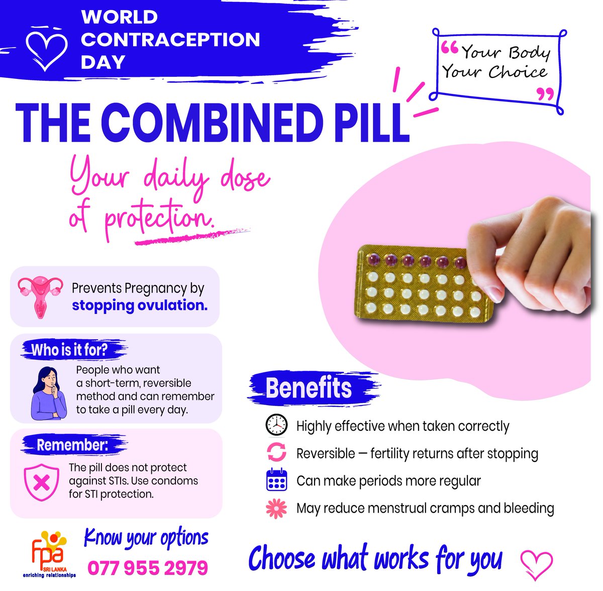 FPA_SriLanka's tweet photo. 𝐓𝐚𝐤𝐞 𝐜𝐨𝐧𝐭𝐫𝐨𝐥 𝐨𝐟 𝐲𝐨𝐮𝐫 𝐜𝐨𝐧𝐭𝐫𝐚𝐜𝐞𝐩𝐭𝐢𝐨𝐧.
The combined oral contraceptive pill helps prevent unintended pregnancy when taken correctly and consistently.
🩺 Questions about contraception?
Talk to a doctor: 077 955 2979.
#OCP #WorldContraceptionDay https://t.co/RcewVnulhi