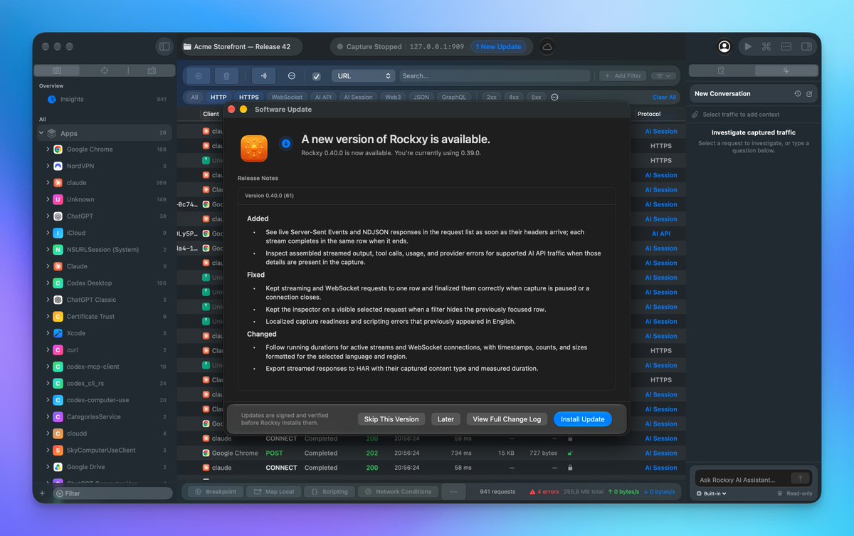 RockxyApp's tweet photo. We’ve shipped Rockxy 0.40.0.

See SSE/NDJSON traffic while it runs, then inspect assembled AI output, tool calls, usage, and provider errors when available. WebSocket streaming and HAR export are improved too.

Upgrade before your next debug session. 

#Rockxy #macOS #macapp #proxymanalternative #apidebug #devtool #proxydebug #networktool #networkanalysis #nativemac #swift #swiftui