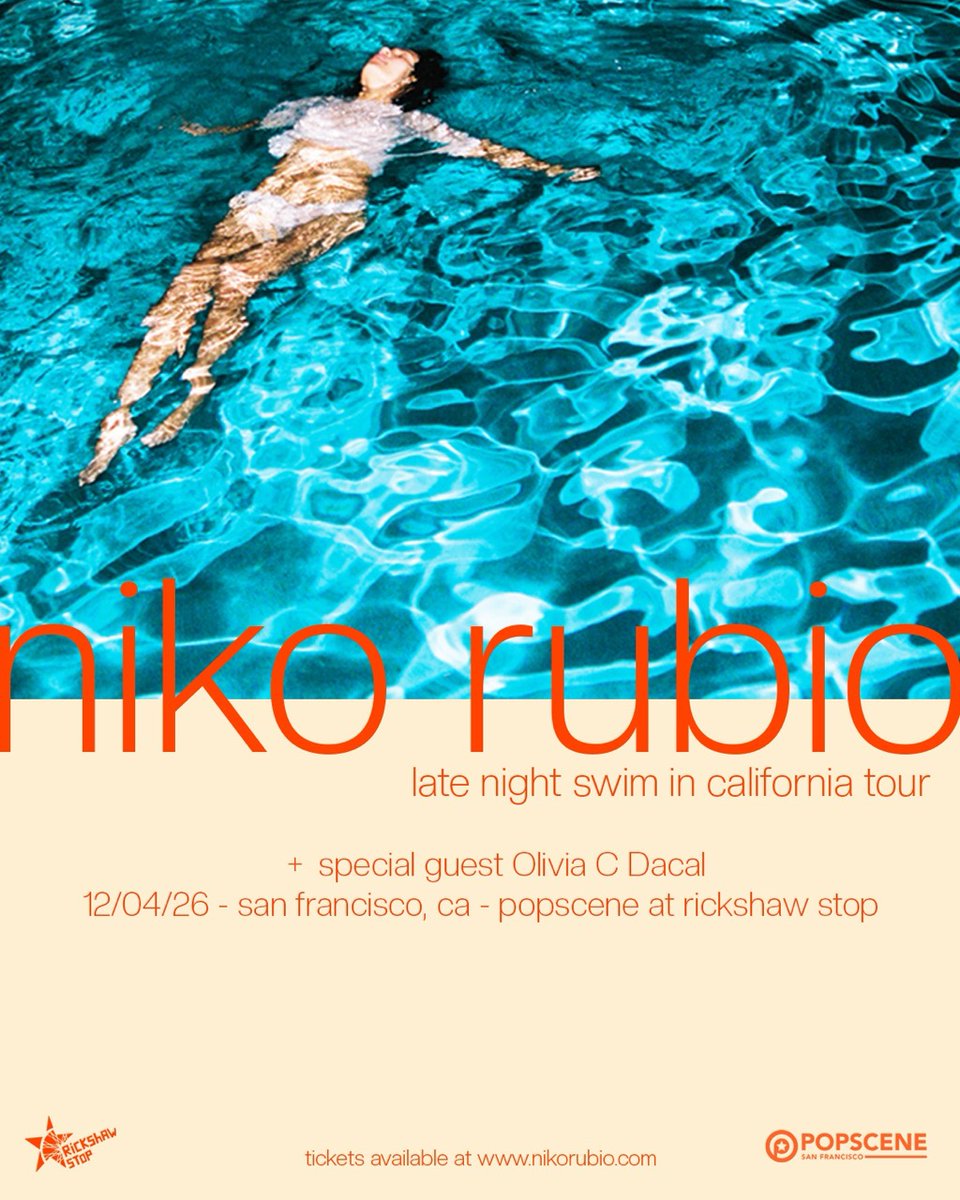 popsceneSF's tweet photo. NEW POPSCENE SHOW ON SALE NOW 🚨

NIKO RUBIO 🏊‍♀️🏊🏊‍♂️
late night swim in california tour 

FRIDAY, 12/4
@rickshawstopsf 
8pm doors,  9pm show

Support by OLIVIA C. DACAL

@holanikorubio 

GRAB TIX HERE! 🎟️🎟️🎟️

https://t.co/royloTvM3e https://t.co/Ibzcup6M97