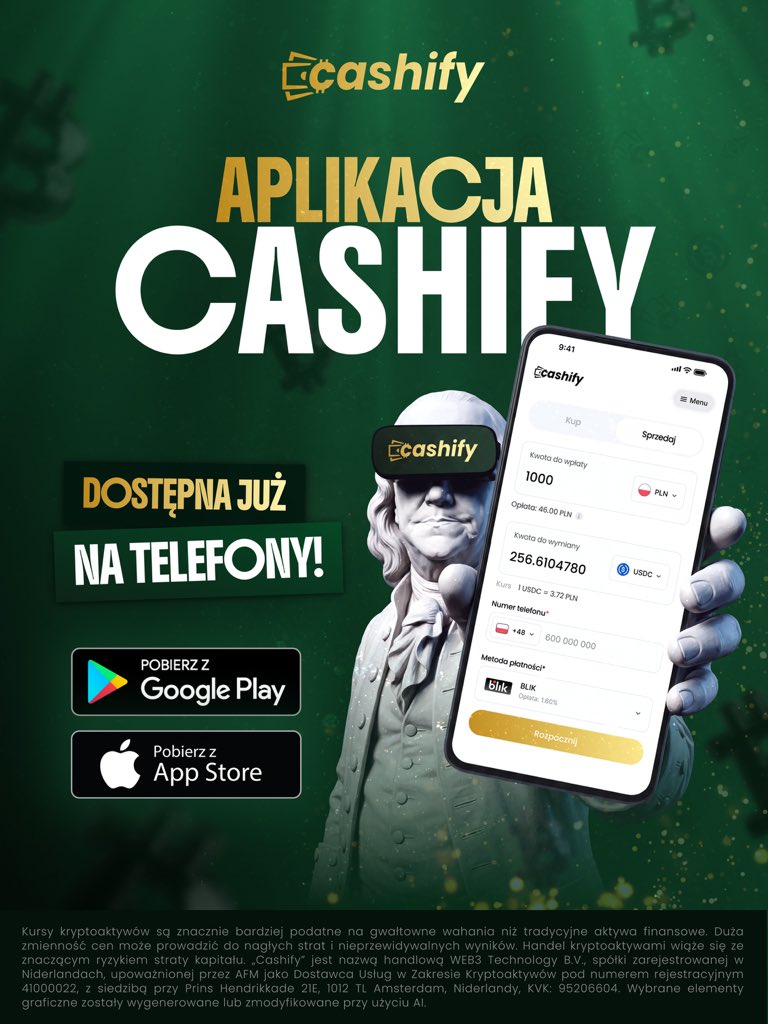 CashifyEu's tweet photo. APLIKACJA CASHIFY DOSTĘPNA W TWOIM TELEFONIE! ✅

No, pod warunkiem, że masz iOS’a lub Androida. Ma ktoś w ogóle inny system? 🤨

Ale wracając - od teraz możesz kupować i sprzedawać kryptowaluty w apce bezpośrednio w telefonie - w prosty i wygodny sposób!

✅ Wejdź na App Store lub Google Play i pobierz aplikację „Cashify - wymiana kryptowalut”.

⭐️ Spodobało się? Zostaw 5 gwiazdek!

#kryptowaluty #inwestycje #finanse #bitcoin

–
Cashify komunikuje się wyłącznie za pośrednictwem oficjalnych kanałów. Kryptoaktywa wiążą się z wysokim ryzykiem, w tym potencjalną utratą środków. Zawsze weryfikuj informacje.

Aby uzyskać pomoc, odwiedź stronę Cashify.