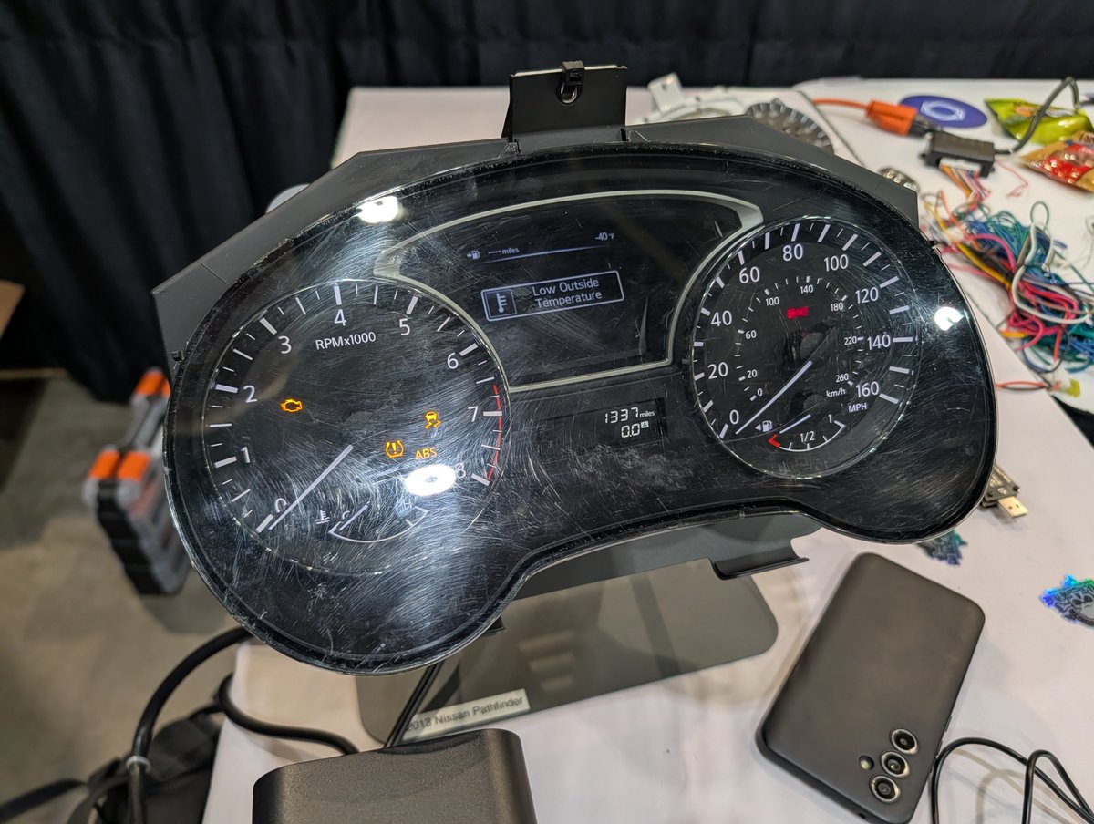 hakstuff's tweet photo. Aaand we have our first major instrument cluster pwn at the @GrrCON Car Hacking Village! The Nissan instrument cluster we brought is now reading 1337mi, performed completely over CAN bus 😆 https://t.co/b5HBVAgqYH