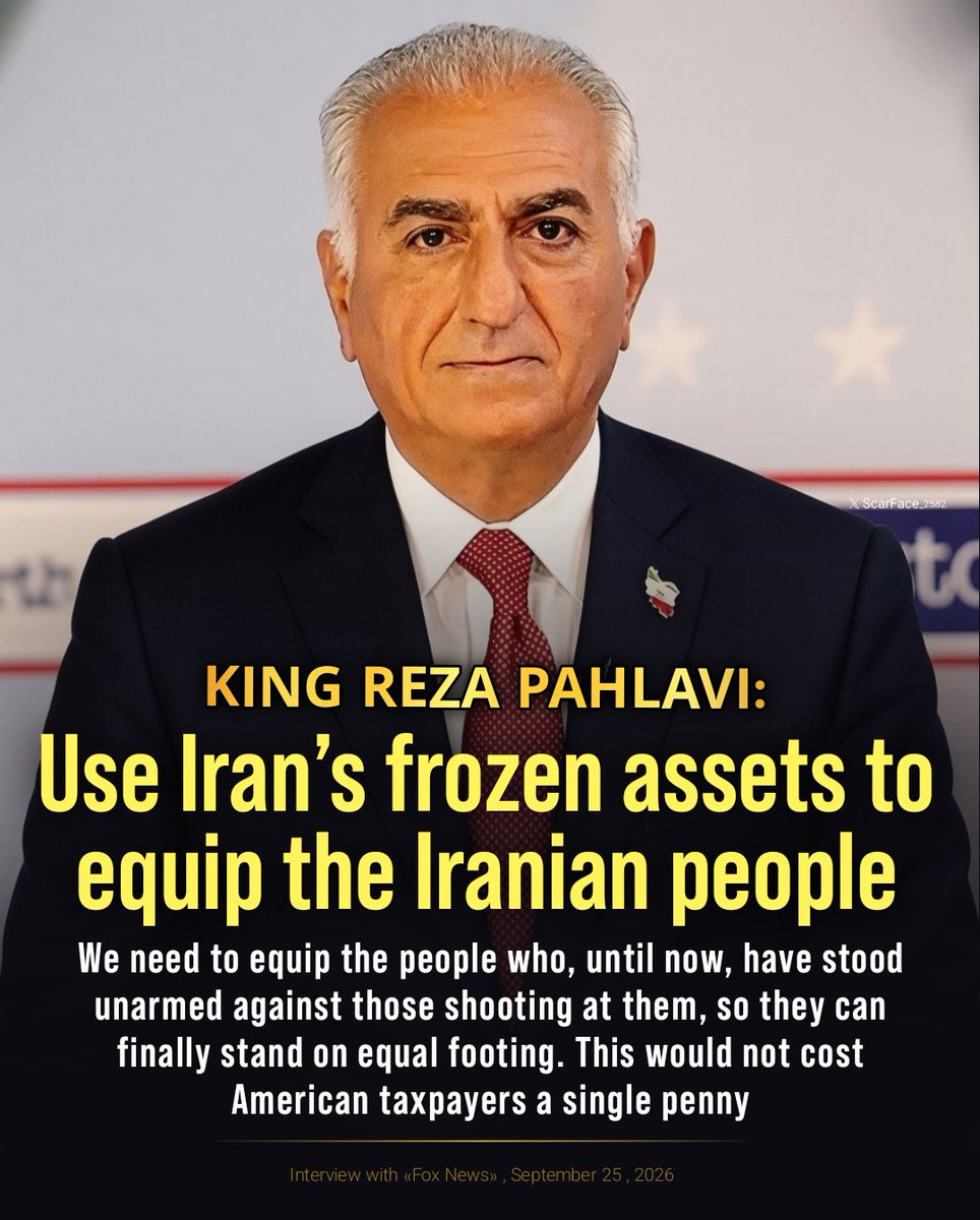 ScarFace_2582's tweet photo. KING REZA PAHLAVI:
Use Iran’s frozen assets to equip the Iranian people. We need to equip the people who, until now, have stood unarmed against those shooting at them, so they can finally stand on equal footing. This would not cost American taxpayers a single penny.
#IranMassacre‌
