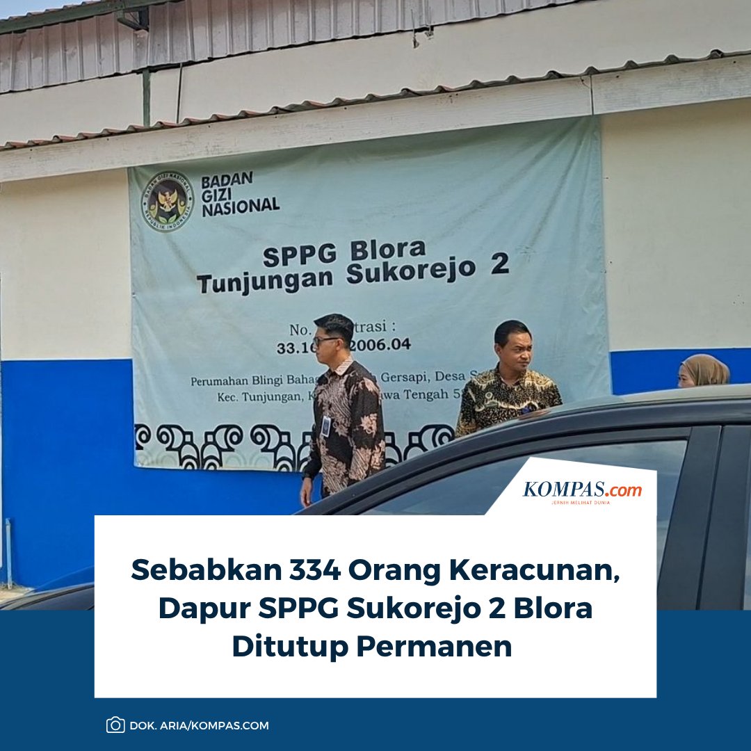 kompascom's tweet photo. Baca di sini: https://t.co/2TDdOmQwBW 

Badan Gizi Nasional (BGN) menghentikan operasional permanen seluruh kegiatan produksi, pengolahan, dan pengiriman Makan Bergizi Gratis (MBG) secara total oleh SPPG Blora Tunjungan Sukorejo 2.

~KR #KeracunanMBG #BGN [20260925204250178] https://t.co/pkiYqhCFQC