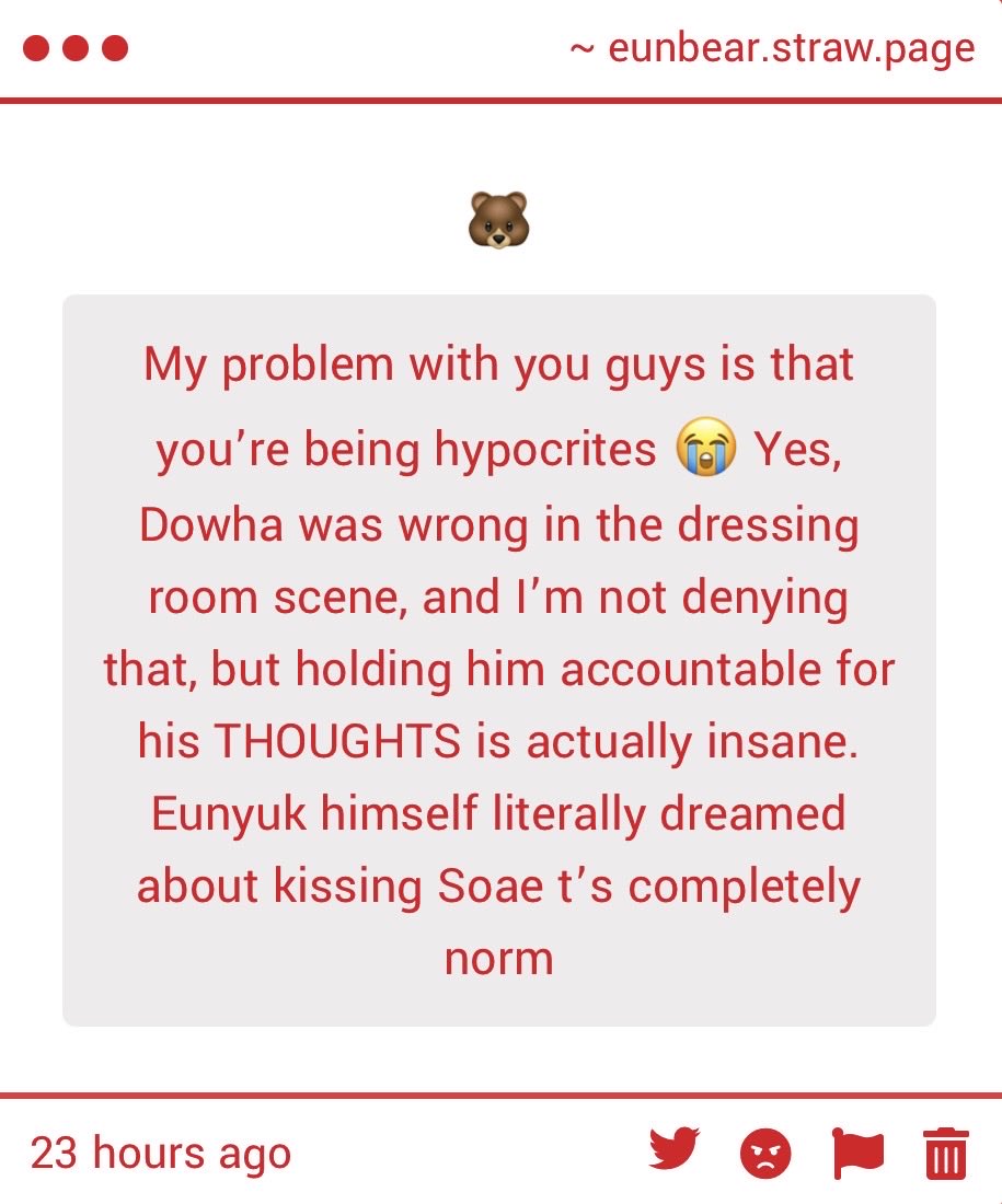 suaebear's tweet photo. except these aren’t thoughts are they? what makes you think eunhyeok’s literal DREAM abt his desire/fear that he’s shown to be ashamed of is comparable to what dohwa has done CONSIOUSLY &amp; unabashedly? get off my acc if you’re only here to be willfully obtuse about the whole scene https://t.co/ufYEtmZ9on