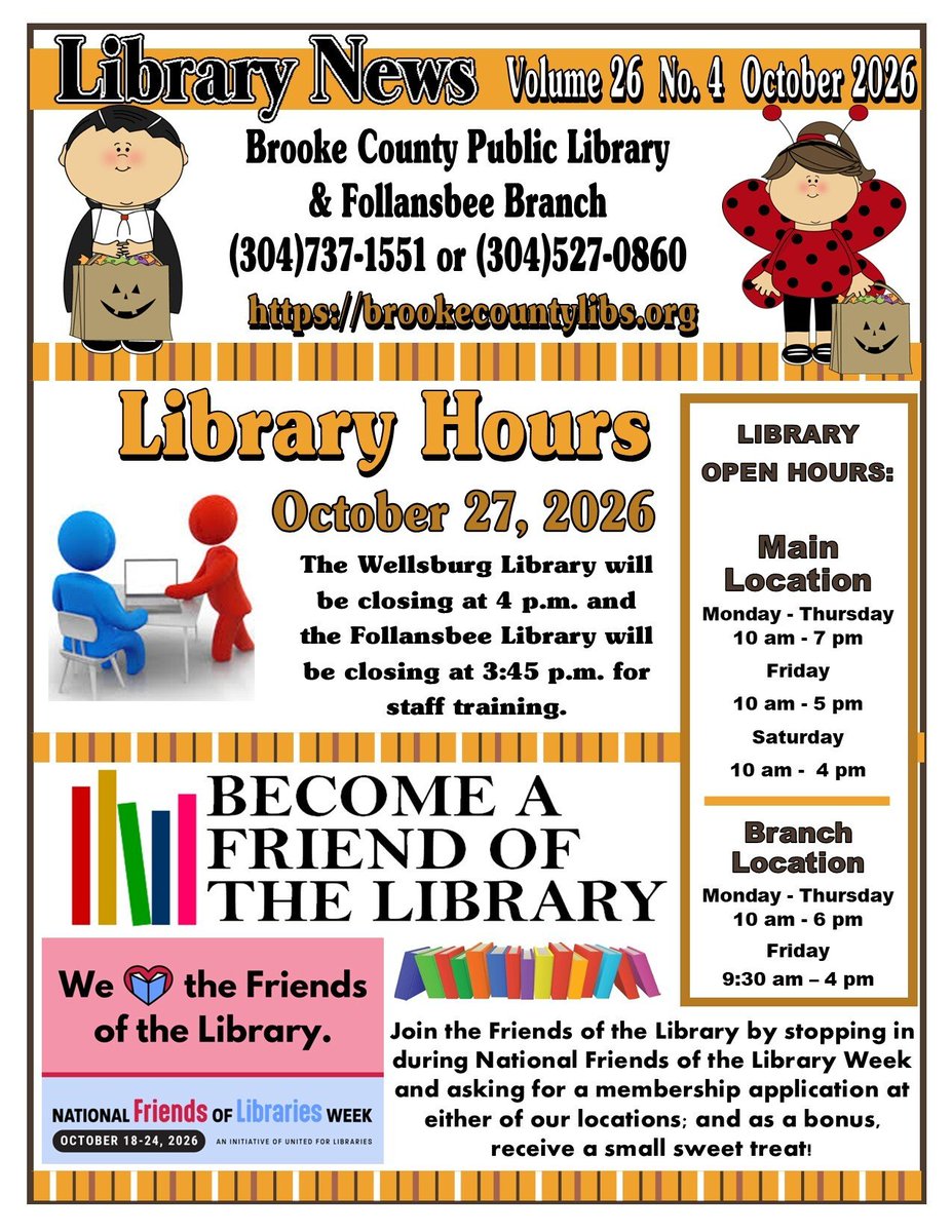 BrookePublic's tweet photo. October 2026 Newsletter
To register for programs online, visit https://t.co/4Geu9AfwRB
To see what you can do &/or access with your library card from the comforts of your home, visit https://t.co/e3B4A7WeKY
#WVLibraryProgramsRock
#liveuniteduov
#SaveTheDates
#LibrariesRock
1/6 https://t.co/sPXV7furiK