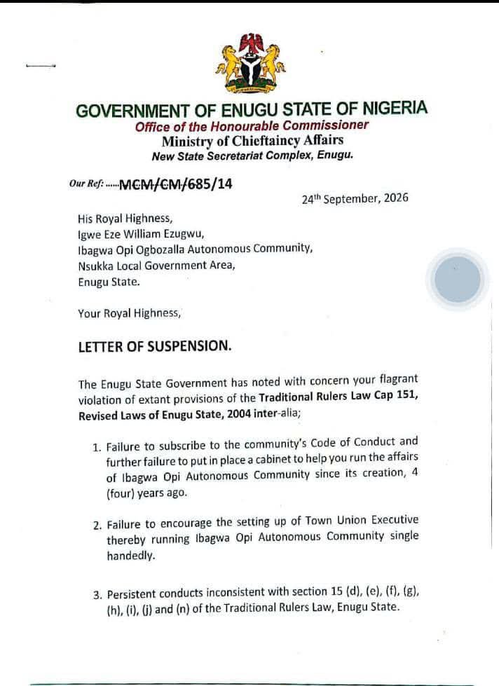 MartinZitax's tweet photo. Enugu State APC government suspends Igwe Ibagwa Opi because he welcomes Opposition Candidates in his palace.

But with a different reasons as attached.

What a shameful act of a state government https://t.co/sEVcMoSxgC