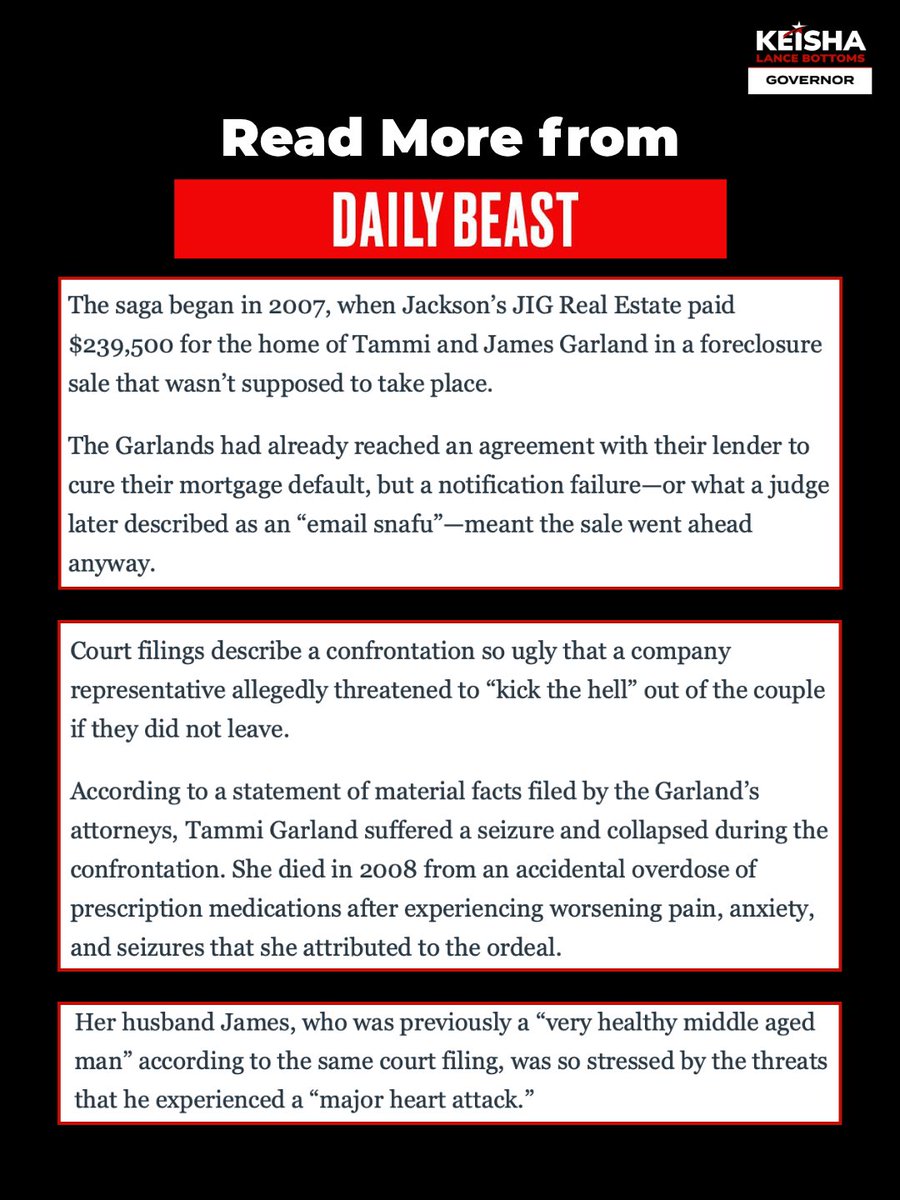 KeishaForGA's tweet photo. BREAKING: New bombshell report from the Daily Beast exposes Slick Rick Jackson’s growing record of profiting off of people’s pain — this time by ruining a Canton family’s life, threatening to “kick the hell” out of them in a foreclosure lawsuit, and waging a “legal battle so brutal that court filings describe a cascade of devastating health problems for both spouses.”

It’s heartbreaking what Rick Jackson will do just to make a buck.