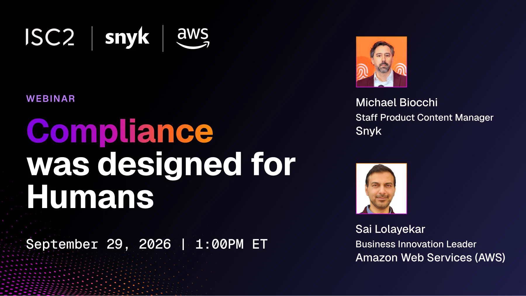 Webinar banner with details and speaker portraits from Snyk and AWS.