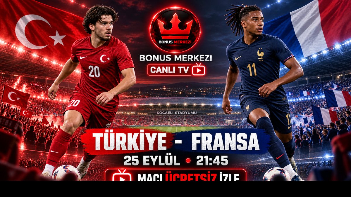 BonusMerkezi1's tweet photo. 📺 MAÇI ÜCRETSİZ İZLE!

Cuma gecesinin büyük maçı: Türkiye vs Fransa! Ekranını hazırla, 21:45’te ücretsiz maç keyfine katıl. 🇹🇷

🔗 Canlı TV: https://t.co/qKB4bB7lZI
👉 Ekranını aç!

#TürkiyeFransa #UluslarLigi #Futbol #Maçİzle https://t.co/XyJ2ospcey