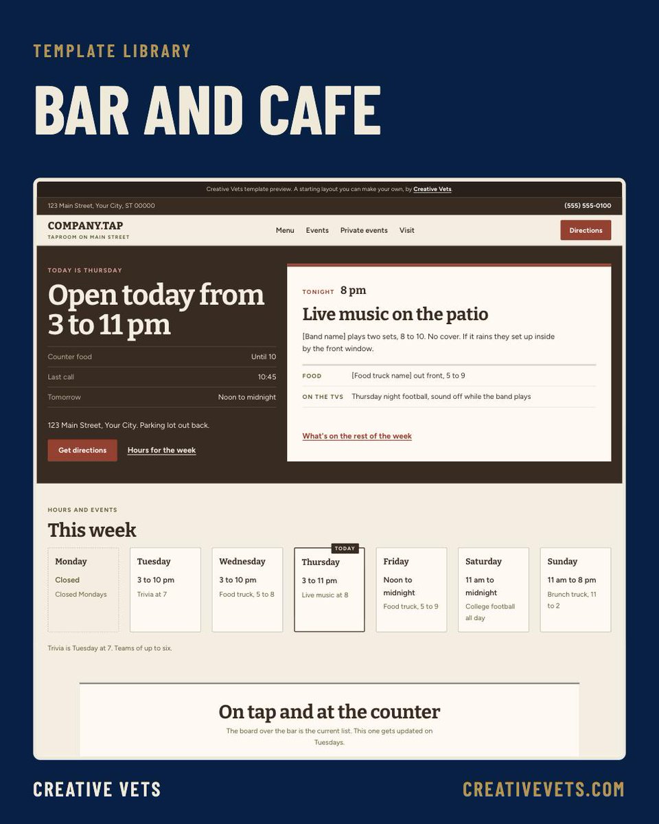 CreativeVets's tweet photo. BrightLocal found people check an average of six sources before choosing a local business. For a bar or cafe, your website is the one you control: your hours, this week's events, and a way to book the back room. Template Sites from $2,500. https://t.co/MR1PcPV5VS https://t.co/1pRUvgxkd3