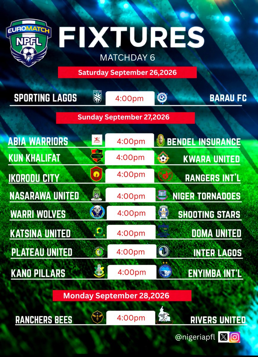 NigeriaPFL's tweet photo. ⏳ Matchweek 6 🔜

#EUROMATCHNPFL
#NPFL27 https://t.co/AM6BydoCH8