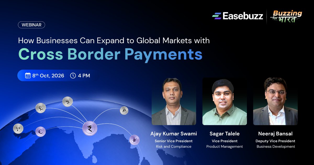 Easebuzz's tweet photo. 🌍 Expand globally with the right cross-border payment infrastructure.
Join @Easebuzz to explore international collections, compliance, currencies & seamless global payments.
🗓️ 8 Oct 2026 | 🕓 4 PM IST | Online
Register →https://t.co/zmY5zui3Gv #crossborderpayment #payments https://t.co/eFy0CKUjjj