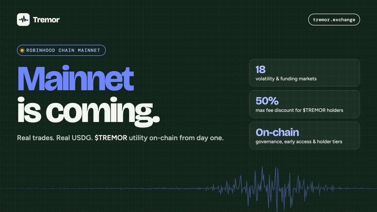 TremorExchange's tweet photo. Mainnet is coming for $TREMOR 

Testing on robinhood chain right now. holders get up to 50% off fees, early access to new markets and a vote on what we list next...

Stay close. https://t.co/ETdDb8aFNI