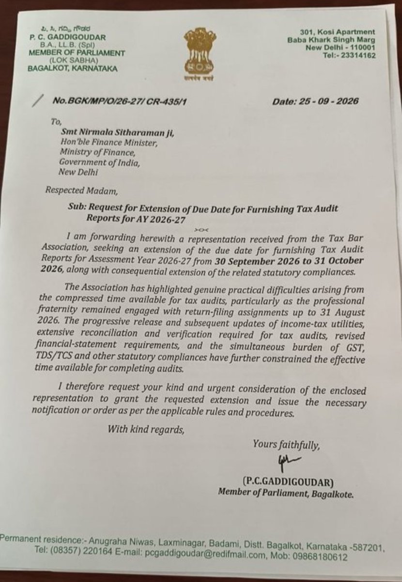 gstaditya9's tweet photo. One more request by member of parliament for extension of due date of tax audit https://t.co/hv3BIB1J0q