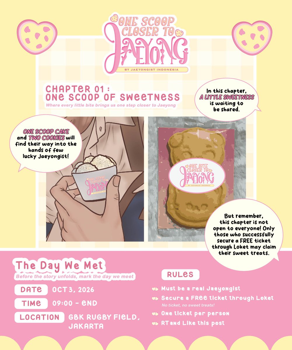 anotherbabies's tweet photo. One Scoop Closer To Jaeyong 𐙚🧁₊ ⊹

Our little bakery is ready to serve you some sweetness!

📅 Oct 3, 2026
⏰ 09:00 - end
📍 GBK Rugby Field

🎟️ Free Ticket War
Sep 27 • 19:00 WIB
🔗https://t.co/WbA0UEPZZW…

#OneScoopCloserToJaeyong https://t.co/QkNap3KzYD