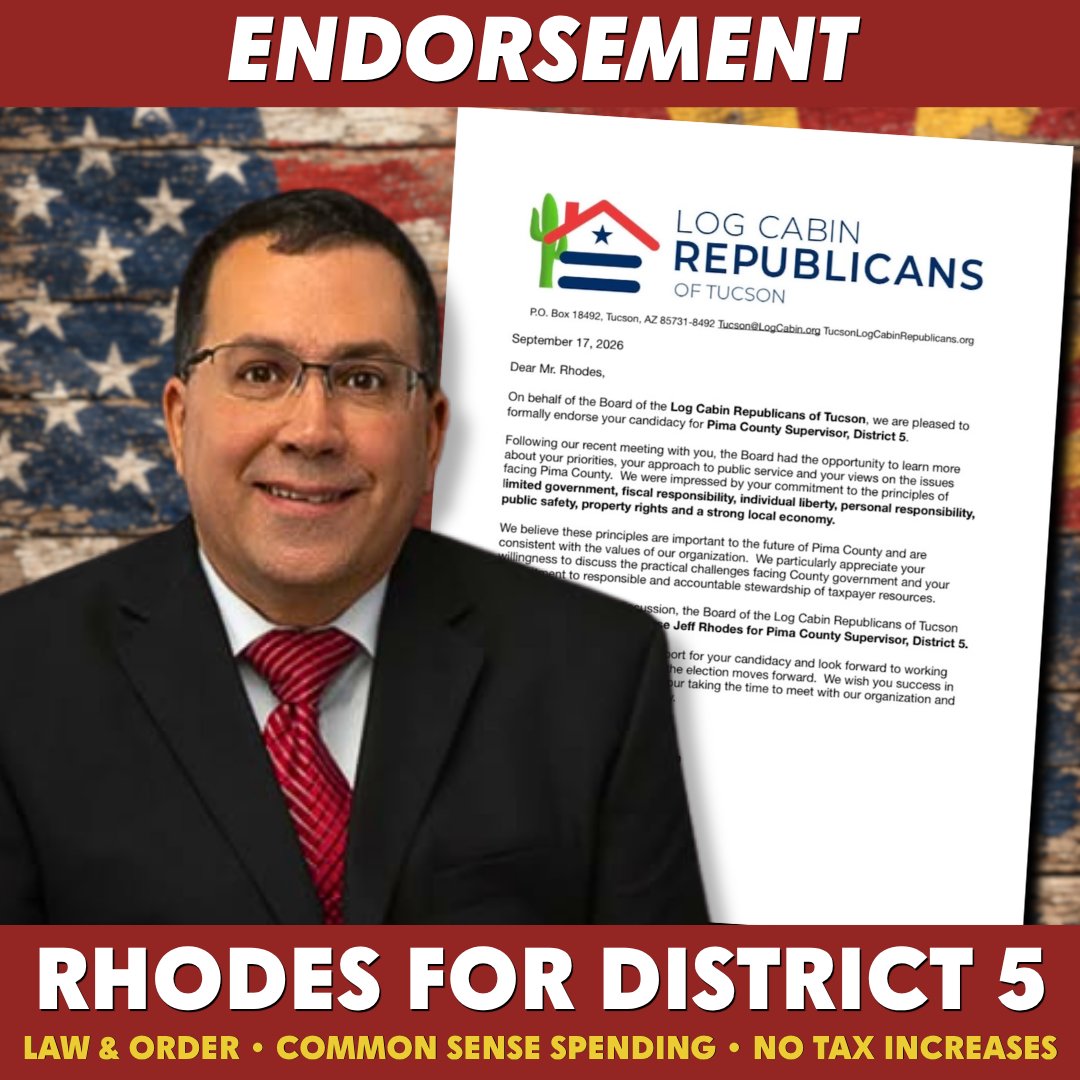 RhodesforD5's tweet photo. I'm honored to share my endorsement by @LogCabinGOP of #Tucson!

"We were impressed by your commitment to the principles of limited government, fiscal responsibility, individual liberty, personal responsibility, public safety, property rights and a strong local economy." https://t.co/QeZLQHTvcf