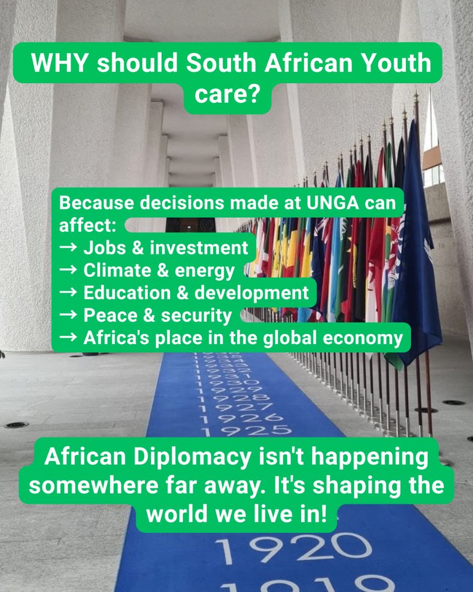 sayagayouth's tweet photo. Africa is at UNGA — but what are we negotiating for? 

Beyond speeches &amp; handshakes: climate finance, debt, peace, development &amp; representation. Decisions here shape Africa's future. Why youth must care.

Swipe to learn more➡️

#UNGA81 #AfricaAtUNGA #youth4multilateralism https://t.co/Z1bBQbVHMw