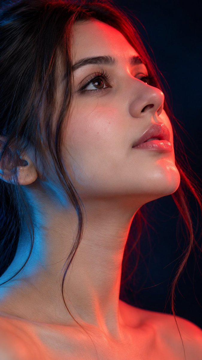 ChatGPTindia_'s tweet photo. Close Up Shot Using Gpt Image 2.5

Prompt ⤵️

Extreme close-up macro portrait of a beautiful young woman's(Match only the facial features of the reference model with very high identity accuracy. Preserve the exact eye shape and spacing, nose structure and proportions, lip shape, chin shape, jawline definition, cheekbone structure, forehead proportions, facial symmetry, skin tone, and overall facial geometry. Keep the face instantly recognizable while allowing changes to hairstyle, expression, clothing, pose, camera angle, lighting, and background as specified in the prompt. Do not alter the core facial anatomy or identity) face in profile, cinematic dramatic lighting, highly detailed.  Outfit: Bare neck and collarbone visible, shoulders off-camera suggesting an elegant, minimal, or absent top to keep all visual focus strictly on the facial features and lighting.  Pose: Head tilted back, chin raised prominently, neck extended. Lips are relaxed, plump, and slightly parted. Eyes are open, looking upward and slightly forward. The angle is a tight profile/three-quarter profile emphasizing the jawline, lips, nose, and cheekbone curvature.  Scene & Background: Dark, moody studio setting. The background is a solid, seamless gradient of deep, dark navy blue merging into pitch black. Zero background distractions, purely atmospheric.  Color & Temperature: High-contrast, dual-tone neon gel lighting.  Warm tone: A sharp, intense neon red spotlight grazes the face from above/front, striking the bridge of the nose, the tip of the upper lip, the prominent curve of the chin, and casting a sliver of light on the forehead and the iris.  Cool tone: A deep, rich cyan/blue ambient fill light bathes the jawline, neck, lower cheek, and the underside of the nose. The interplay creates intense shadows and striking color saturation.  Technical Specifications: Photorealistic, 8k resolution, masterpiece, RAW photo, ultra-high definition. Extreme attention to microscopic details: visible skin pores, fine peach fuzz illuminated by the rim light, glossy wet texture on the lips, individual sharp eyelashes, and delicate stray strands of hair falling across the cheek and neck. Volumetric lighting, highly detailed specular highlights on the skin and lips.  Composition: Extreme macro close-up. The frame cuts off the back of the head, the top of the hair, and just below the neck. The face fills the entire canvas, utilizing the negative space on the left side to balance the glowing profile.  Camera Details: Shot on medium format camera, 100mm macro lens, f/2.8 aperture for a slightly shallow depth of field that keeps the eye, nose, and lips in razor-sharp focus while allowing the neck and far edge of the face to fall off softly. ISO 100, 1/125s shutter speed.  Aspect Ratio: --ar 9:16(Vertical orientation)  Negative Prompt: ugly, plastic skin, smooth skin, airbrushed, cartoon, illustration, low resolution, poorly drawn, out of focus, deformed, text, watermark, bad anatomy, overexposed, flat lighting, natural daylight, bright background, standard lighting, asymmetrical facial features, crossed eyes.