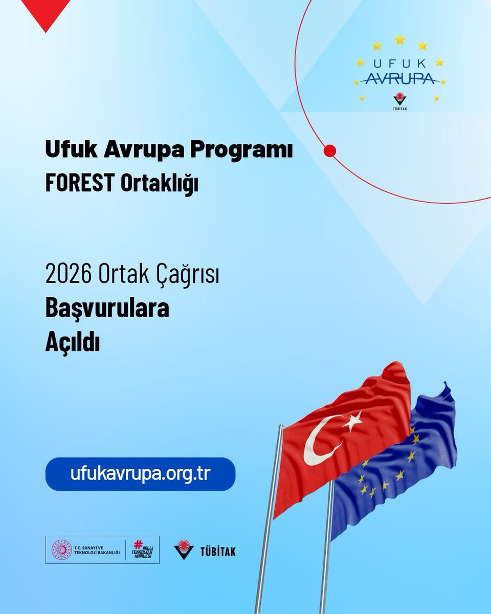 Tubitak's tweet photo. Ufuk Avrupa Programı FOREST Ortaklığı 2026 Ortak Çağrısı Başvurulara Açıldı 📢

FOREST Ortaklığı çağrısıyla orman sisteminin tümüne yönelik araştırma ve yenilik ihtiyaçlarının ele alınması amaçlanıyor.

Çağrı kapsamında
🍃 İklime dayanıklı orman sistemleri
🌳 Uyarlanabilir ve çok işlevli orman amenajman sistemleri
🌲 Kereste ve yenilikçi ahşap temelli ürünler
🌿 Orman değer zincirleri, pazarlama ve yönetişim
konu başlıklarındaki projelerin desteklenmesi hedefleniyor.

1.Aşama Uluslararası Başvuruları için Son Tarih:
2 Aralık 2026

1.⁠ ⁠Aşama Ulusal Başvurunun E-imzası için Son Tarih:
11 Aralık 2026

📌 @UfukAvrupa_TR 

Detaylar: 👇
https://t.co/aXGPIclmeX