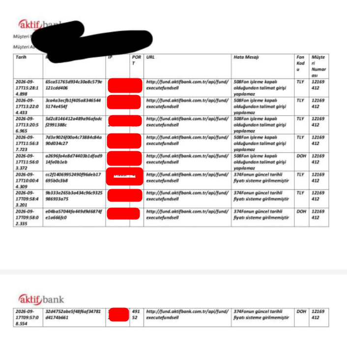 fonunmagdurlari's tweet photo. 🚨İŞTE 17 EYLÜL VURGUNUNUN SANİYE SANİYE RESMİ LOG KAYDI! HERKES BANKASINDAN BU TABLOYU İSTESİN!

Aktif Bank'ın müşterisine ilettiği resmi TEFAS işlem logları, 17 Eylül sabahı küçük yatırımcının nasıl organize bir kumpasla kilitlendiğini saniyesi saniyesine kanıtladı:

1- Saat 09.57 ve 10.00: Banka müşterinin satış emrini TEFAS'a iletiyor. TEFAS'tan dönen hata kodu: "374: Fonun güncel tarihli fiyatı sisteme girilmemiştir!" Yasal işlem saati başlamış ama TEFAS/Tera fiyatsız bırakarak satışı bilerek kilitliyor!

2- Saat 11.56, 13.20 ve 13.22: Müşteri defalarca satmaya çalışıyor. Saat 13.30'a henüz vakit varken TEFAS'tan dönen hata kodu: "508: Fon işleme kapalı olduğundan talimat girişi yapılamaz!" Sistemi yasal süresinden saatler önce kapatıp vatandaşa barikat kuruyorlar!

📌Banka resmi yazıyla şunu itiraf ediyor: "Ben emri ilettim, engelleyen ve reddeden TEFAS ve Takasbank'tır."

TÜM MAĞDURLARA ÇAĞRIMIZDIR: Bankalarınızın müşteri hizmetlerine veya genel müdürlüklerine hemen yazılı başvuru yapın ve: "17 Eylül tarihli fon satış emirlerimin TEFAS iletim anını, IP/Port bilgilerini ve TEFAS'tan dönen hata kodlarını içeren RESMİ LOG KAYITLARIMI İSTİYORUM" deyin.

Biz kendi hakkımızı savunmazsak kimse bizim yerimize savunmaz!  

📌CİMER, KDK, SPK, Bankalar, TBB, BDDK, e-Dilekçe ve tüm milletvekillerine tek tıkla şikayet gönderebileceğiniz güncel hazır metinler için platformumuzdaki şikayet sihirbazını kullanın:  https://t.co/uynIzCiE0L 

#tly #thf #tmv #tp2 #pnu #fsu #doh #dfi #TeraMağduriyetiSonBulsun #fonmağdurları #FonMagdurlari #TefasMagdurlari #SPK #MehmetSimsek #TBMM #CIMER #KDK #DDK #FonMağdurları #TEFAS #Takasbank #Fibabanka #akbank #garanti

@55erhanusta
@cevdetakaychp
@spkgovtr
@Takasbank
@memetsimsek
@RTErdogan