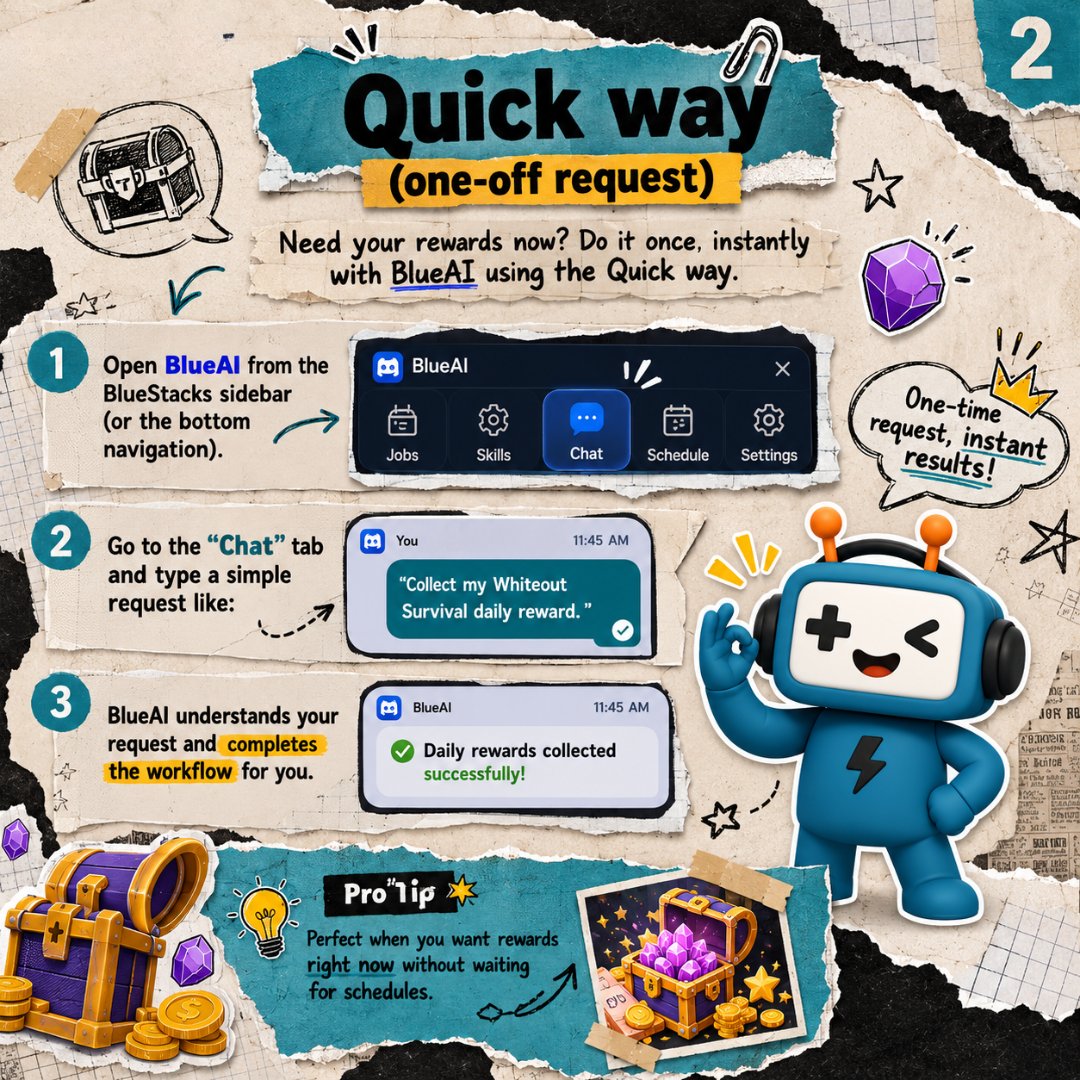 ReikoPorstzgt's tweet photo. Never lose a daily login streak or free chest again. BlueAI Auto-Claim collects rewards on demand or automatically after server reset, including daily loot, free spins, and coins. Automate the grind and skip the repetitive taps. https://t.co/74K8mcOqBg