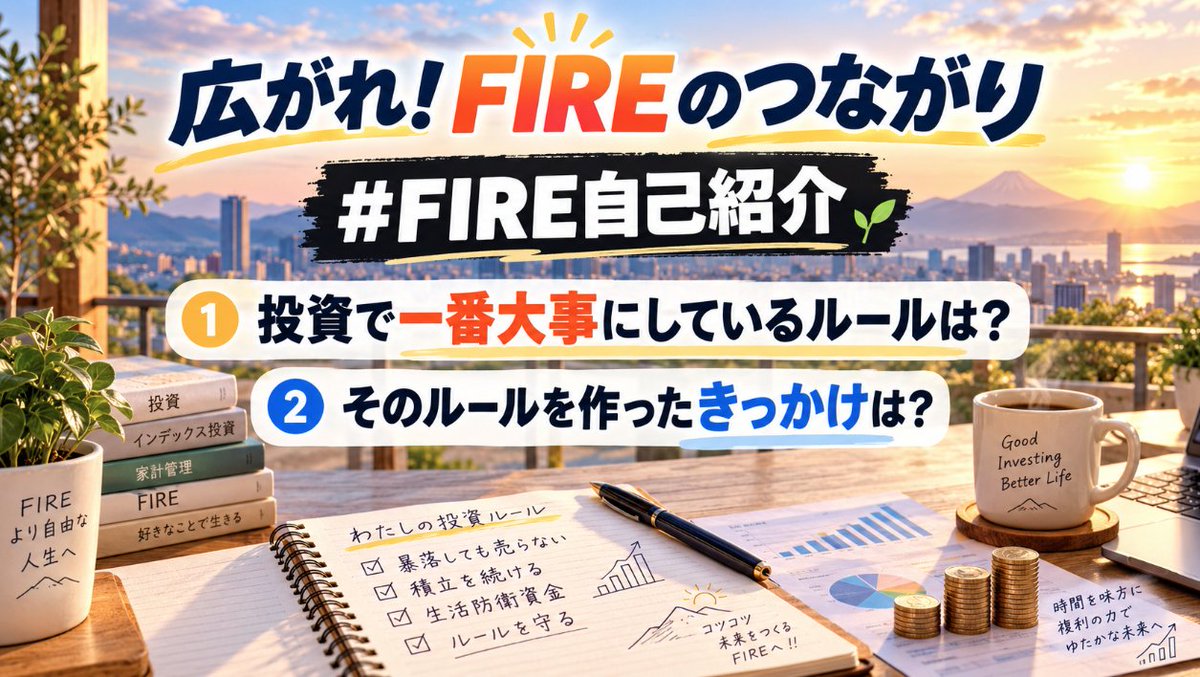 Hiro_HASYG's tweet photo. 第58回【広がれ！FIREのつながり】 
明日の #FIRE自己紹介 のテーマ✨
①投資で一番大事にしているルールは？
②そのルールを作ったきっかけは？
③みんなに聞きたいこと（任意）
これらを含めて自己紹介してくださいね😊

👇自己紹介の参考👇 https://t.co/3aaxREKlC5