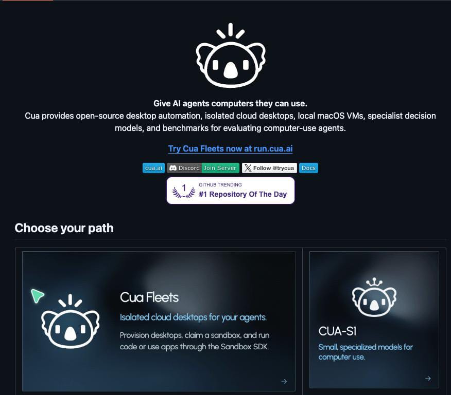 Cua product image showing isolated cloud desktops, small specialist computer-use models, and path options for fleets and CUA-S1