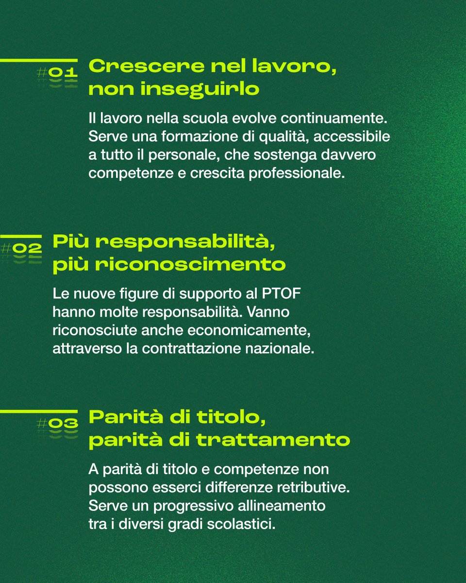 cislscuola's tweet photo. 🟢 #CCNL202527
Il rinnovo del #contratto è un passaggio decisivo per il futuro della scuola.

Dietro ogni articolo del #CCNL ci sono aspetti concreti che riguardano la qualità della vita di chi lavora ogni giorno nelle scuole: #formazione, #mobilità, riconoscimento professionale, #welfare, #diritti, valorizzazione del #personaleATA e molto altro.

#CISLScuola, in linea con l’approccio concreto e orientato ai risultati che ci contraddistingue, porta al tavolo della trattativa le proprie proposte per un contratto capace di dare più valore al #lavoro, più tutele alle persone e più forza alla scuola.

Lo facciamo attraverso un #Manifesto in 10 punti, che rende chiare e condivise le nostre priorità: 10 proposte per orientare il confronto contrattuale, esplicitare obiettivi e necessità e difendere e valorizzare le lavoratrici e i lavoratori del comparto.

Nelle prossime settimane approfondiremo ogni punto, spiegando come intendiamo migliorare le condizioni lavorative attraverso le nostre proposte e raccogliendo idee e contributi direttamente da voi per costruire insieme la #scuola che immaginiamo e meritiamo.

Perché il rinnovo del CCNL riguarda tutte e tutti. Facciamolo contare davvero, insieme.

Per approfondire vai su https://t.co/tfneGocmEt

#FacciamoloContareDavvero