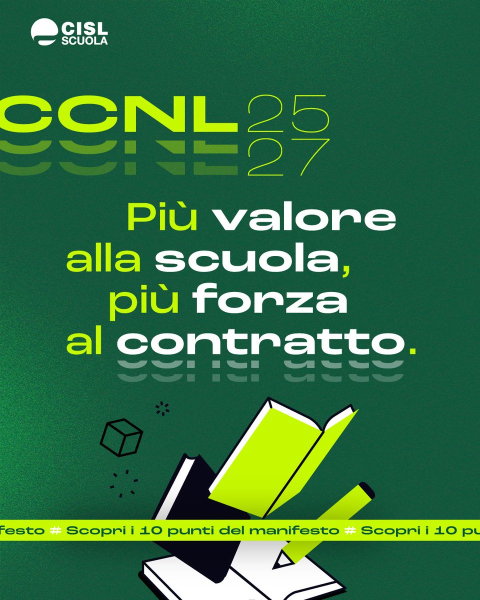 cislscuola's tweet photo. 🟢 #CCNL202527
Il rinnovo del #contratto è un passaggio decisivo per il futuro della scuola.

Dietro ogni articolo del #CCNL ci sono aspetti concreti che riguardano la qualità della vita di chi lavora ogni giorno nelle scuole: #formazione, #mobilità, riconoscimento professionale, #welfare, #diritti, valorizzazione del #personaleATA e molto altro.

#CISLScuola, in linea con l’approccio concreto e orientato ai risultati che ci contraddistingue, porta al tavolo della trattativa le proprie proposte per un contratto capace di dare più valore al #lavoro, più tutele alle persone e più forza alla scuola.

Lo facciamo attraverso un #Manifesto in 10 punti, che rende chiare e condivise le nostre priorità: 10 proposte per orientare il confronto contrattuale, esplicitare obiettivi e necessità e difendere e valorizzare le lavoratrici e i lavoratori del comparto.

Nelle prossime settimane approfondiremo ogni punto, spiegando come intendiamo migliorare le condizioni lavorative attraverso le nostre proposte e raccogliendo idee e contributi direttamente da voi per costruire insieme la #scuola che immaginiamo e meritiamo.

Perché il rinnovo del CCNL riguarda tutte e tutti. Facciamolo contare davvero, insieme.

Per approfondire vai su https://t.co/tfneGocmEt

#FacciamoloContareDavvero