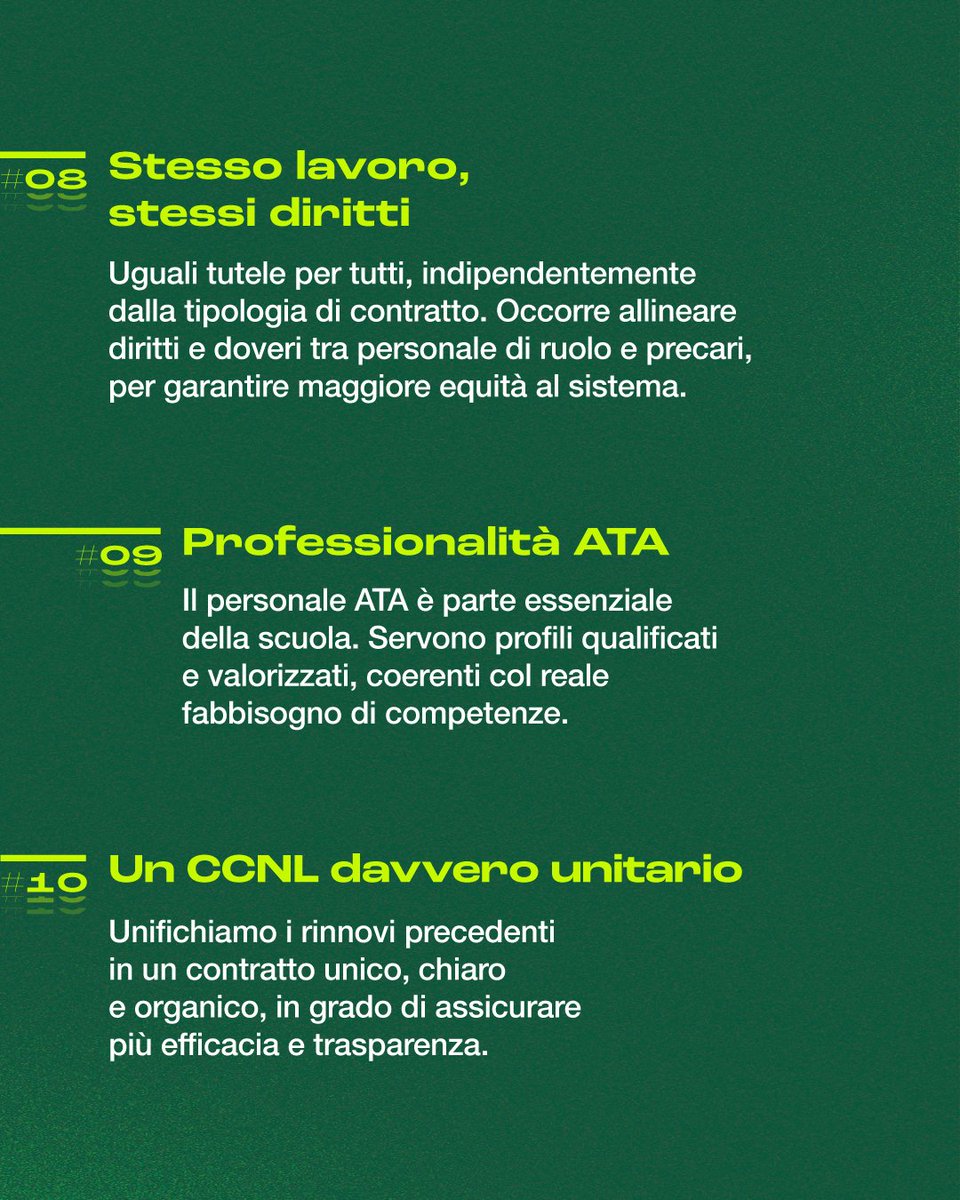 cislscuola's tweet photo. 🟢 #CCNL202527
Il rinnovo del #contratto è un passaggio decisivo per il futuro della scuola.

Dietro ogni articolo del #CCNL ci sono aspetti concreti che riguardano la qualità della vita di chi lavora ogni giorno nelle scuole: #formazione, #mobilità, riconoscimento professionale, #welfare, #diritti, valorizzazione del #personaleATA e molto altro.

#CISLScuola, in linea con l’approccio concreto e orientato ai risultati che ci contraddistingue, porta al tavolo della trattativa le proprie proposte per un contratto capace di dare più valore al #lavoro, più tutele alle persone e più forza alla scuola.

Lo facciamo attraverso un #Manifesto in 10 punti, che rende chiare e condivise le nostre priorità: 10 proposte per orientare il confronto contrattuale, esplicitare obiettivi e necessità e difendere e valorizzare le lavoratrici e i lavoratori del comparto.

Nelle prossime settimane approfondiremo ogni punto, spiegando come intendiamo migliorare le condizioni lavorative attraverso le nostre proposte e raccogliendo idee e contributi direttamente da voi per costruire insieme la #scuola che immaginiamo e meritiamo.

Perché il rinnovo del CCNL riguarda tutte e tutti. Facciamolo contare davvero, insieme.

Per approfondire vai su https://t.co/tfneGocmEt

#FacciamoloContareDavvero
