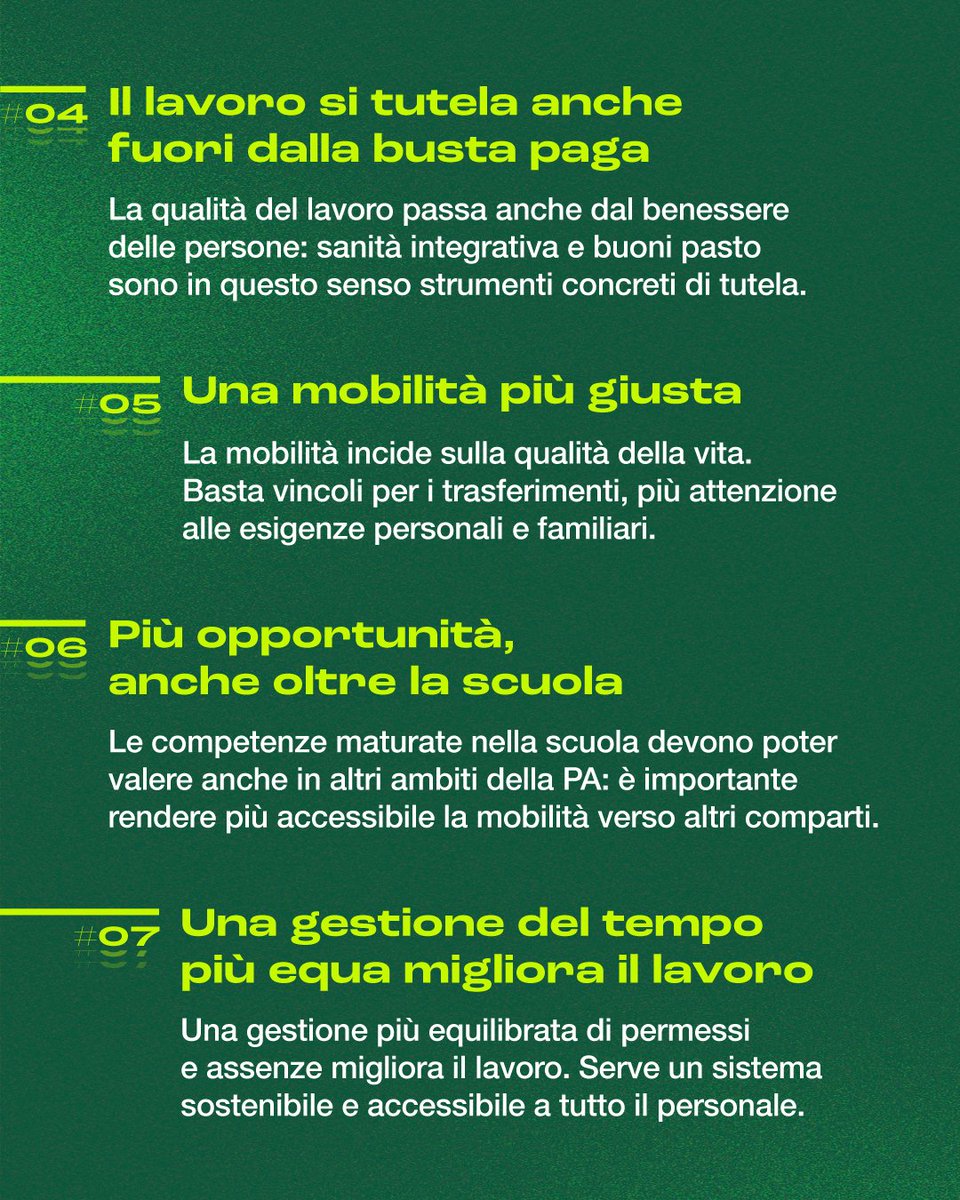 cislscuola's tweet photo. 🟢 #CCNL202527
Il rinnovo del #contratto è un passaggio decisivo per il futuro della scuola.

Dietro ogni articolo del #CCNL ci sono aspetti concreti che riguardano la qualità della vita di chi lavora ogni giorno nelle scuole: #formazione, #mobilità, riconoscimento professionale, #welfare, #diritti, valorizzazione del #personaleATA e molto altro.

#CISLScuola, in linea con l’approccio concreto e orientato ai risultati che ci contraddistingue, porta al tavolo della trattativa le proprie proposte per un contratto capace di dare più valore al #lavoro, più tutele alle persone e più forza alla scuola.

Lo facciamo attraverso un #Manifesto in 10 punti, che rende chiare e condivise le nostre priorità: 10 proposte per orientare il confronto contrattuale, esplicitare obiettivi e necessità e difendere e valorizzare le lavoratrici e i lavoratori del comparto.

Nelle prossime settimane approfondiremo ogni punto, spiegando come intendiamo migliorare le condizioni lavorative attraverso le nostre proposte e raccogliendo idee e contributi direttamente da voi per costruire insieme la #scuola che immaginiamo e meritiamo.

Perché il rinnovo del CCNL riguarda tutte e tutti. Facciamolo contare davvero, insieme.

Per approfondire vai su https://t.co/tfneGocmEt

#FacciamoloContareDavvero