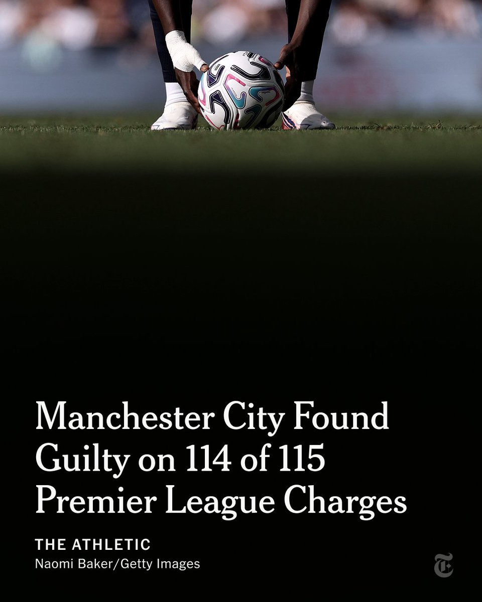 nytimes's tweet photo. Breaking News from @TheAthleticFC: Manchester City have been found guilty on all but one of the 115 charges relating to breaches of the Premier League’s financial regulations, according to people briefed on the matter. https://t.co/PRhRzGIQAQ https://t.co/BBGFIX7fI7