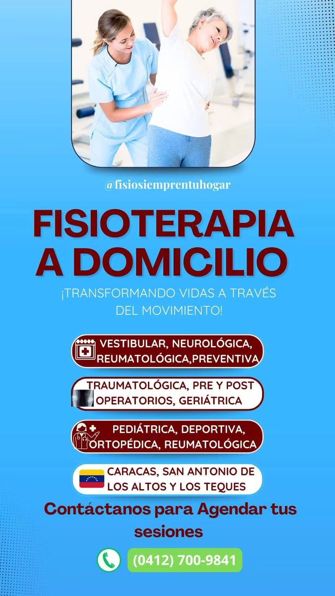 Fisioentuhogar's tweet photo. Fisioterpia y Rehabilitación a Domicilio 📍 Caracas San Antonio de Los Altos y Los Teques Venezuela 🇻🇪 #FisioterapiaADomicilio #RehabilitacionFisica #Fisioterapia #sanantoniodelosaltos #caracasvenezuela #losteques #altosmirandinos #terapiaencasa #TerapiaFisica #dolor #lesion https://t.co/euRXjazY33