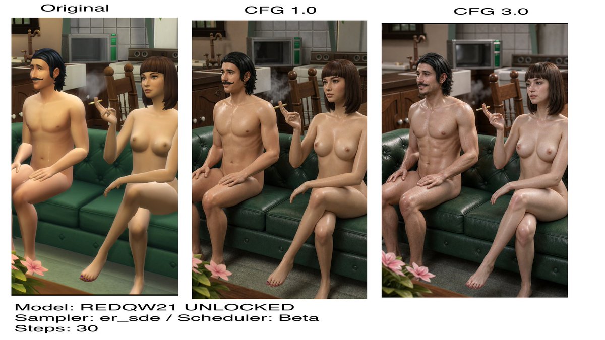 EmersonSorrel's tweet photo. Sims 4 screenshot "upscaling" with Qwen Image 2.1

Prompt: Convert style to: high-end photorealistic 3D render with production-quality CGI finish, lit with a high-dynamic-range studio HDRI (soft key, cool fill, warm rim accent). Physically Based Rendering pipeline with full PBR material stack: layered micro-displacement on the surface, high-frequency normal detail, anisotropic specular with per-channel roughness variation (glossy-to-satin gradient across curved surfaces). Subsurface scattering enabled with a short mean-free-path for realistic light diffusion and inner glow on thin/translucent regions. Ray-traced global illumination, caustics, and soft penumbra shadows with accurate light wrap. ACES filmic tone mapping, 8K output at 4096 samples (AI-denoised), shallow depth of field with natural bokeh falloff, 85 mm virtual lens. Octane Render / Arnold-quality material response, zero tiling seams, UV-mapped albedo with organic tonal variation. Clean neutral seamless backdrop, product-photography composition.