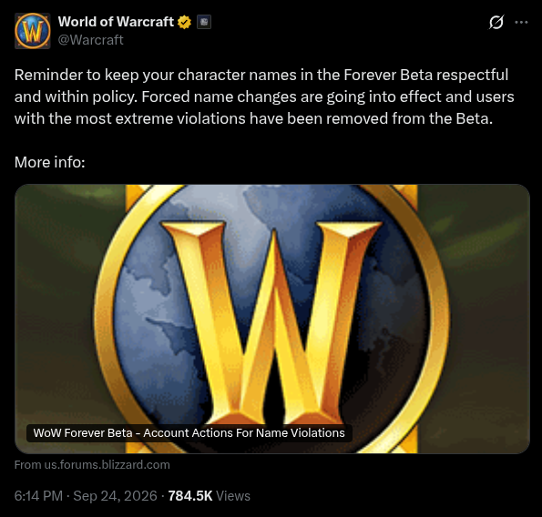 signalspikedev's tweet photo. Dear Blizzard,

Please ban this user 'blizzard' for making a character name that is not 'respectful' or 'within policy'.

v/r
the audience https://t.co/v983veGmHi