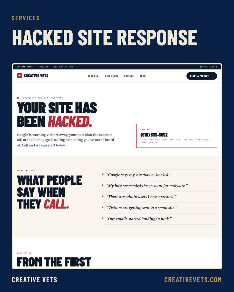 CreativeVets's tweet photo. Patchstack's 2026 report: for the most targeted WordPress vulnerabilities, the median time from going public to attack was five hours. If your site gets hit, we respond within two hours for a flat $795, with a written report. (919) 335-3052 https://t.co/LXtQjFoUZn