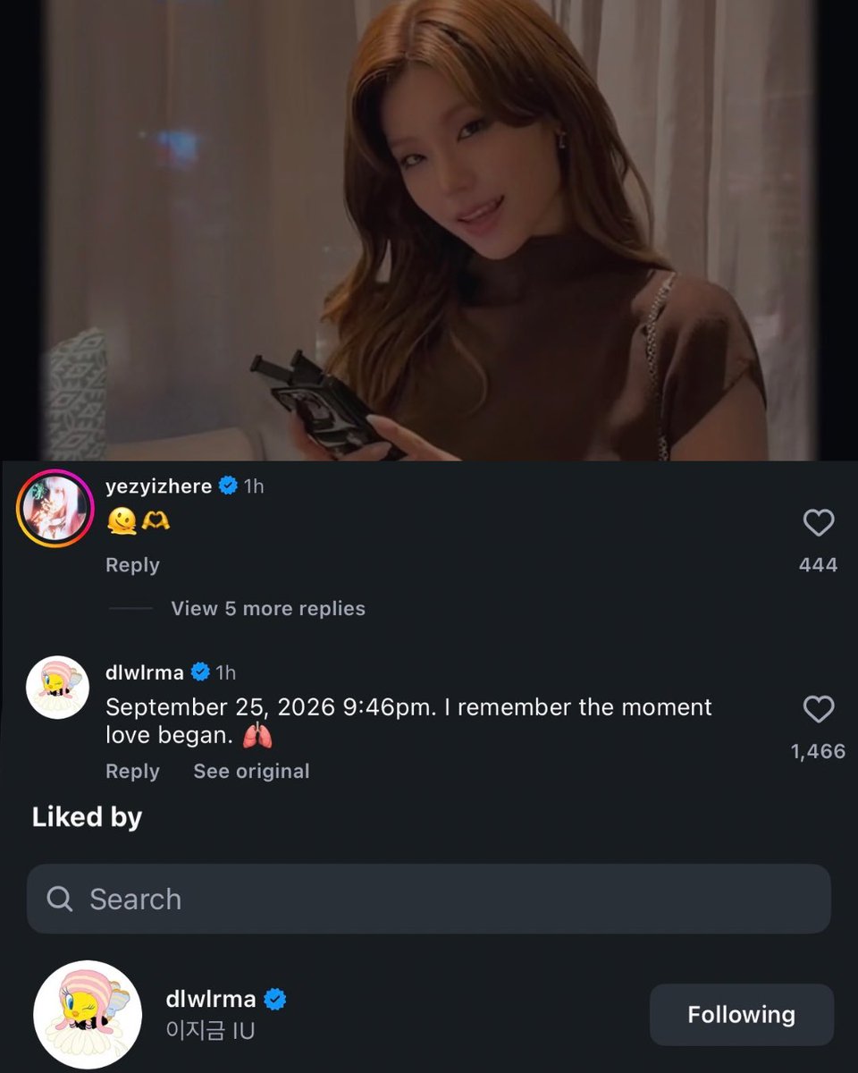 itzypopbase's tweet photo. Singer and actress IU has liked and commented on ITZY’s Yeji’s video using her latest song, “Unknown Planet.”

“September 25, 2026, 9:46 PM. I remember the moment love began.” https://t.co/XiYyx8ZPur