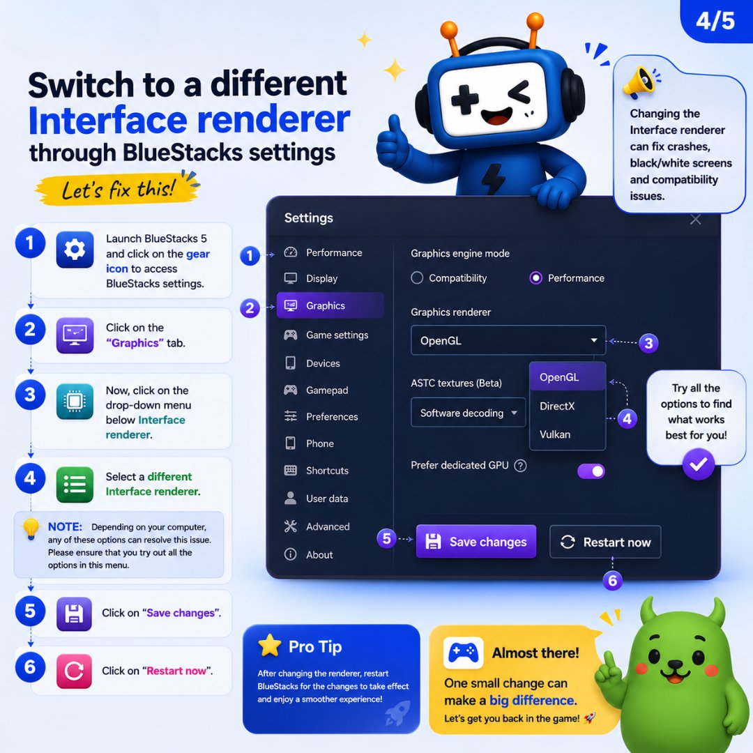 ReikoPorstzgt's tweet photo. App crashes, black screens, and freezes can ruin any gaming session. Fix most compatibility issues in two steps: update your GPU drivers and switch the Interface Renderer in BlueStacks settings. Get back to smooth gameplay in seconds. https://t.co/isN8nEKRDp