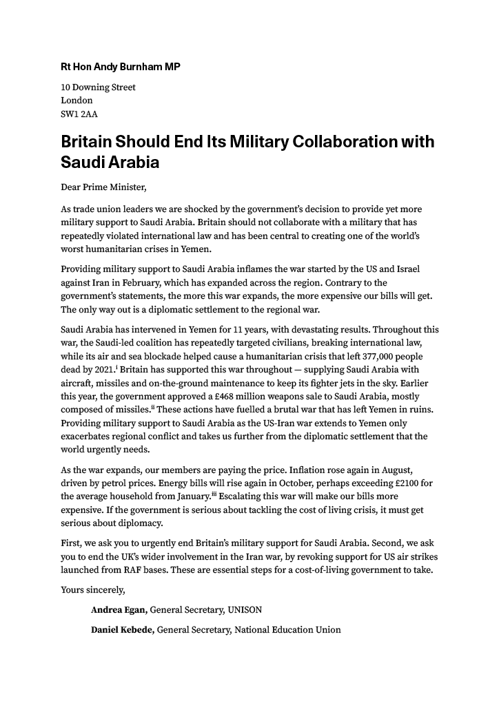 TransitionSec's tweet photo. 🚨NEW🚨: Ten unions call for Andy Burnham to end Britain’s military support for Saudi Arabia, due to the war crimes it has committed in Yemen.

The unions also argue that, contrary to government claims, “Escalating this war will make our bills more expensive”. https://t.co/aY0Uwj39RT
