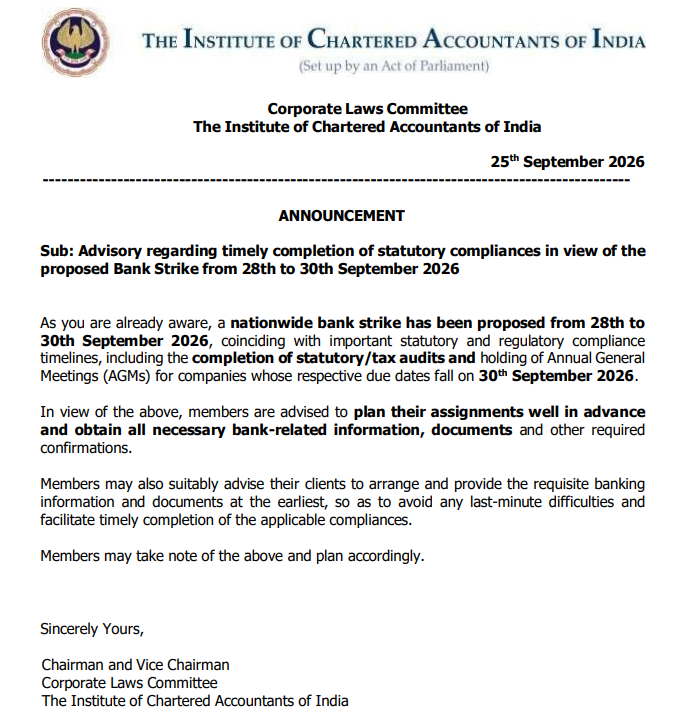 taxologyin's tweet photo. ICAI has advised members to plan statutory compliances in advance as banks may remain affected by the proposed strike from 28 to 30 September 2026.

So, while we wait for the much awaited tax audit extension, CAs are advised to arrange bank documents, confirmations and client information in advance to avoid last minute hurdles in completing audits and AGMs
