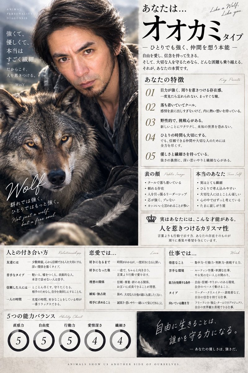 e_hiroki_918's tweet photo. 流行りに乗ってみました✨
動物診断は狼でした🐺 https://t.co/tVtRukKoRs