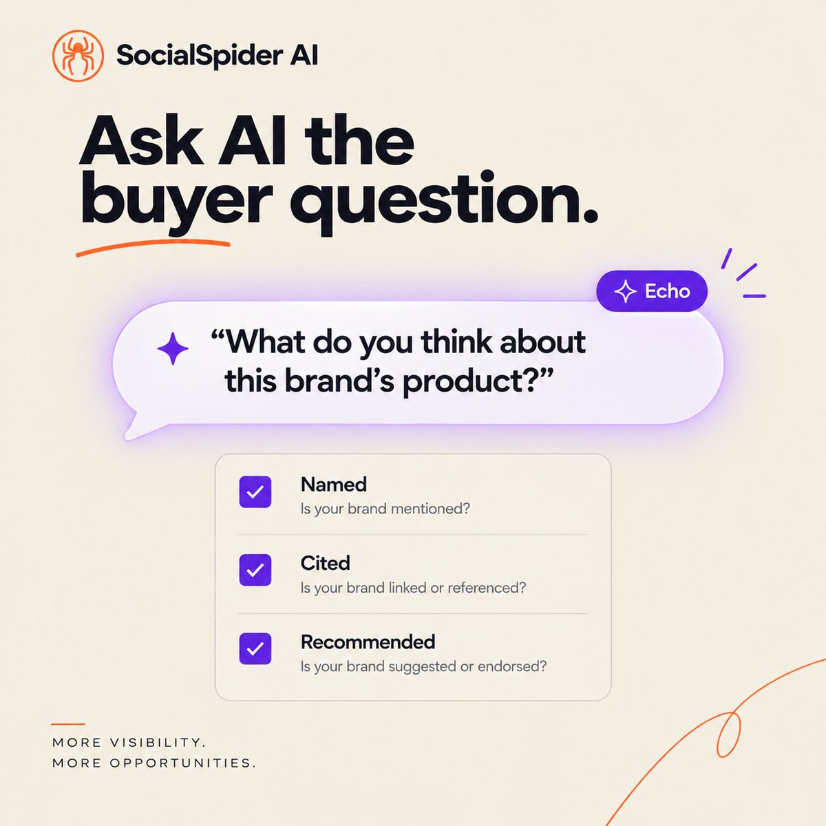 SocialSpiderAI's tweet photo. 🤖 Would an AI assistant recommend your brand today?

Try one buyer-style question and check:

🔎 Named?
📝 Described accurately?
🔗 Supported by trustworthy sources?
AI visibility starts with knowing what AI systems actually say about your brand.
#AIVisibility #GEO #SocialSpider https://t.co/v1zJnyIiEO