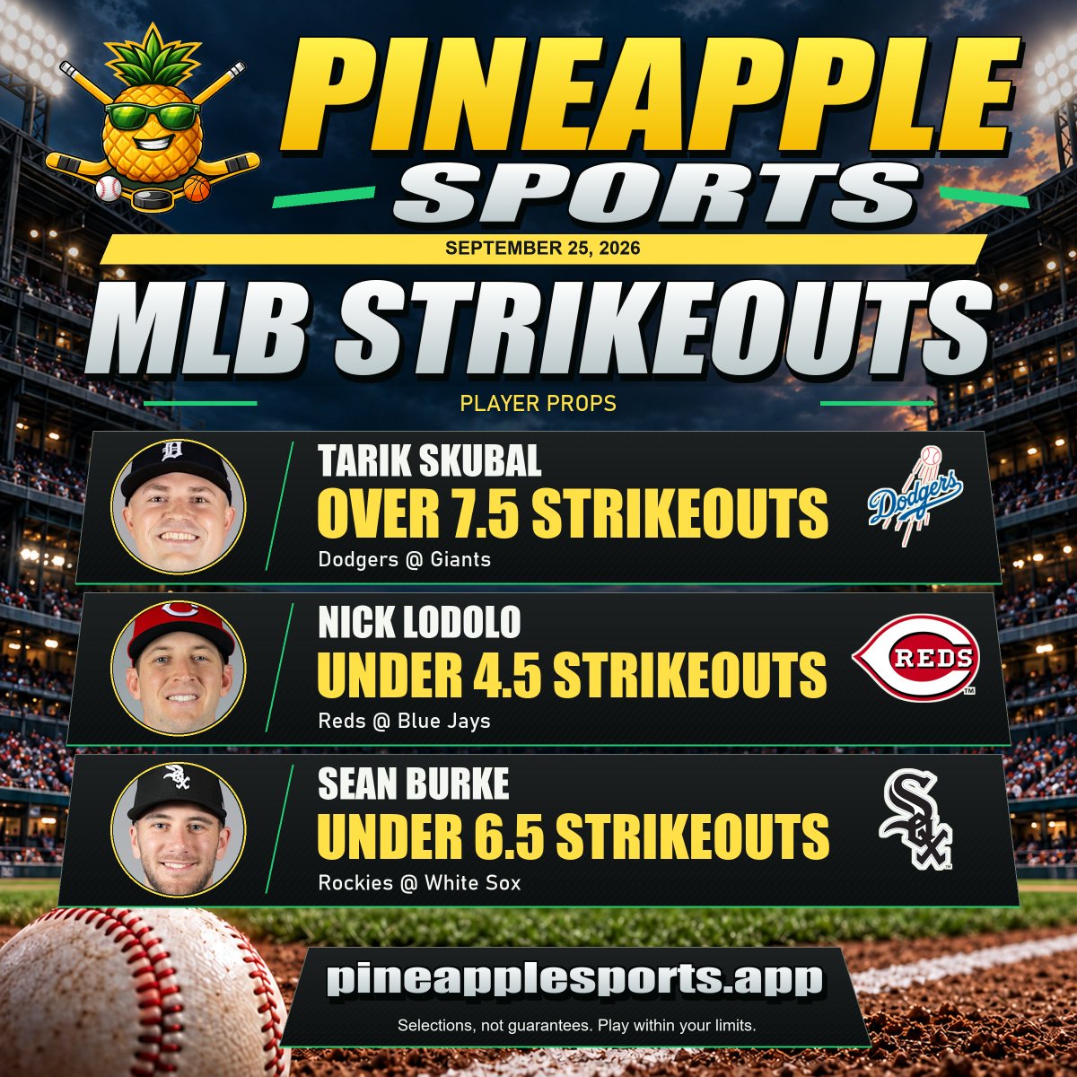 PineapplePicks8's tweet photo. 🍍 MLB STRIKEOUT PROPS | Sep 25

Today's Pineapple Sports prop card:

1. Tarik Skubal Over 7.5 Strikeouts
Los Angeles Dodgers vs San Francisco Giants | 10:15 PM ET

2. Nick Lodolo Under 4.5 Strikeouts
Cincinnati Reds vs Toronto Blue Jays | 7:07 PM ET

3. Sean Burke Under 6.5 Strikeouts
Chicago White Sox vs Colorado Rockies | 7:40 PM ET

📊 Card focus:
PLAYER FORM | MATCHUP DATA | MARKET VALUE

Built for smarter MLB prop decisions.

MLB props | Strikeout props | MLB betting picks

Website: https://t.co/xKQL705pno
Get the app: https://t.co/HsblSHojoy
