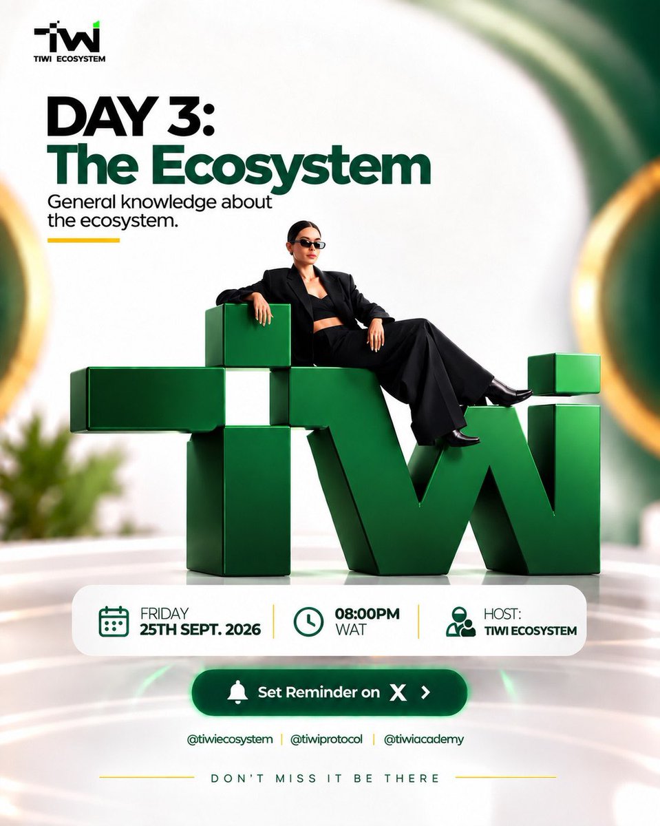 nanacrypton's tweet photo. ๐ DAY 3 IS HERE!
Today, we dive into THE ECOSYSTEM ๐๐
A session focused on general knowledge of the TIWI Ecosystem and how everything connects.
๐๏ธ Friday, 25th Sept.
โฐ 8:00PM WAT
Come ready to learn. Come ready to earn. ๐ฅ
#100DaysOfTIWI #TIWI @tiwiecosystem https://t.co/vOH5W4oKRh