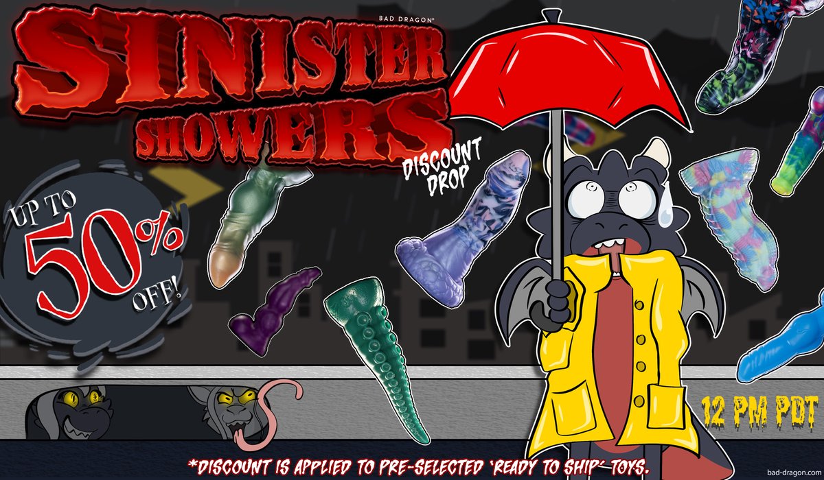 bad_dragon's tweet photo. Get that umbrella ready! Toys are raining down with up to 50% off pre-selected Ready to Ship toys! 
*This is the last drop before the new price increase goes into effect, so grab these if you can!* #baddragon

https://t.co/ho6lJObfIF https://t.co/Go07pLtICT