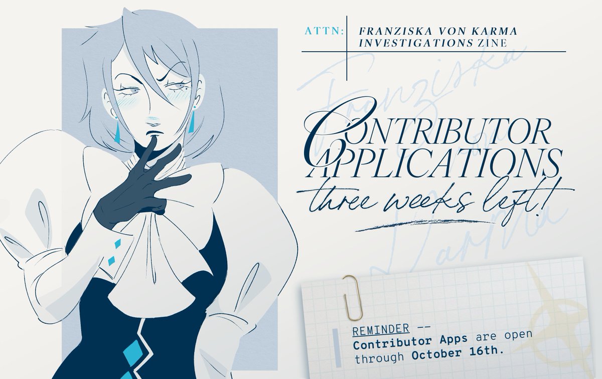 aaifranzine's tweet photo. 📂 CONTRIBUTOR APPS

The number one rule for interviews? Don't make the number one prosecutor wait even one second!

There are THREE WEEKS remaining until the case goes cold on contributor applications for this zine! Investigate now, before it's too late!

📂 Applications below! https://t.co/dYK8WhnqdS