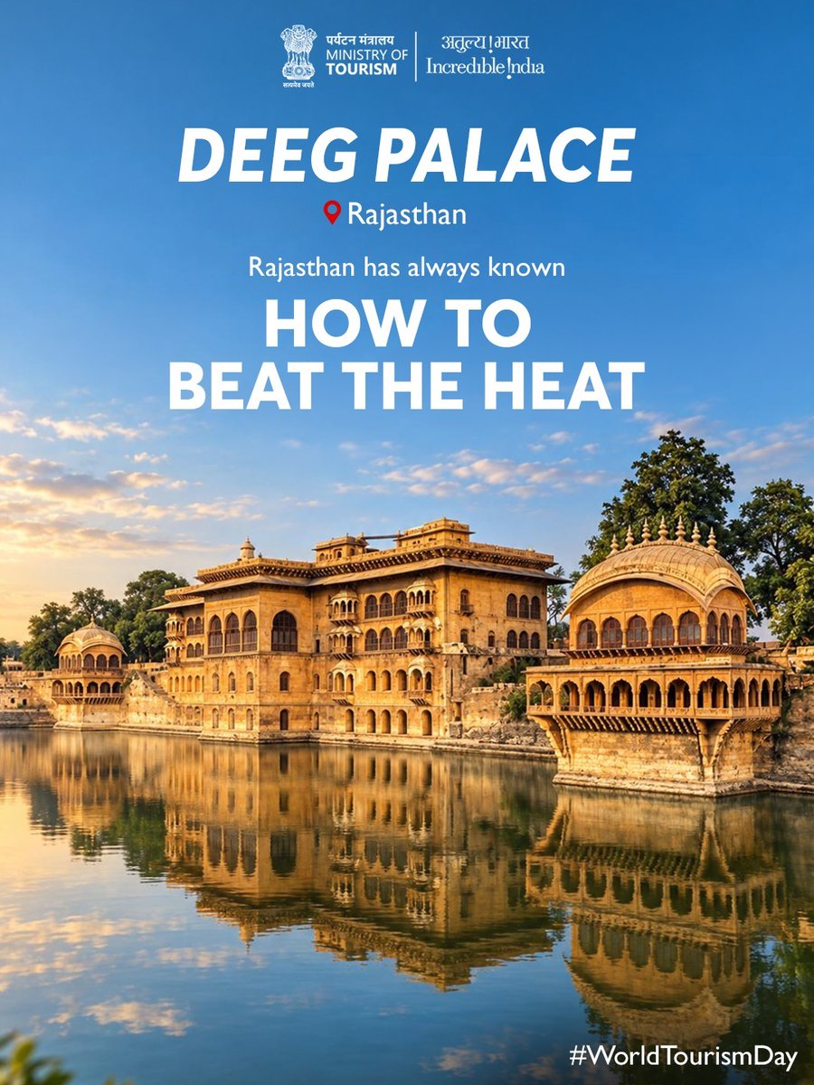 incredibleindia's tweet photo. There’s a Rajasthan beyond the Rajasthan you already know.

A little off the usual trail lies Deeg a royal retreat where grand palaces rise amid landscaped gardens, fountains bring water into the heart of the architecture, and ingenious design made royal summers more comfortable.

Discover another side of Rajasthan, where history, design and ingenuity come together.

#WorldTourismDay #IncredibleIndia #Travel #Tourism #Trending 
1/2