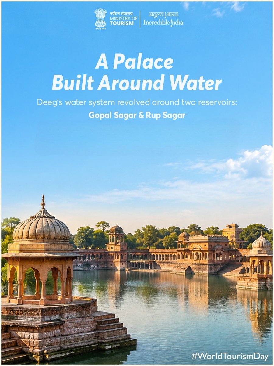 incredibleindia's tweet photo. There’s a Rajasthan beyond the Rajasthan you already know.

A little off the usual trail lies Deeg a royal retreat where grand palaces rise amid landscaped gardens, fountains bring water into the heart of the architecture, and ingenious design made royal summers more comfortable.

Discover another side of Rajasthan, where history, design and ingenuity come together.

#WorldTourismDay #IncredibleIndia #Travel #Tourism #Trending 
1/2