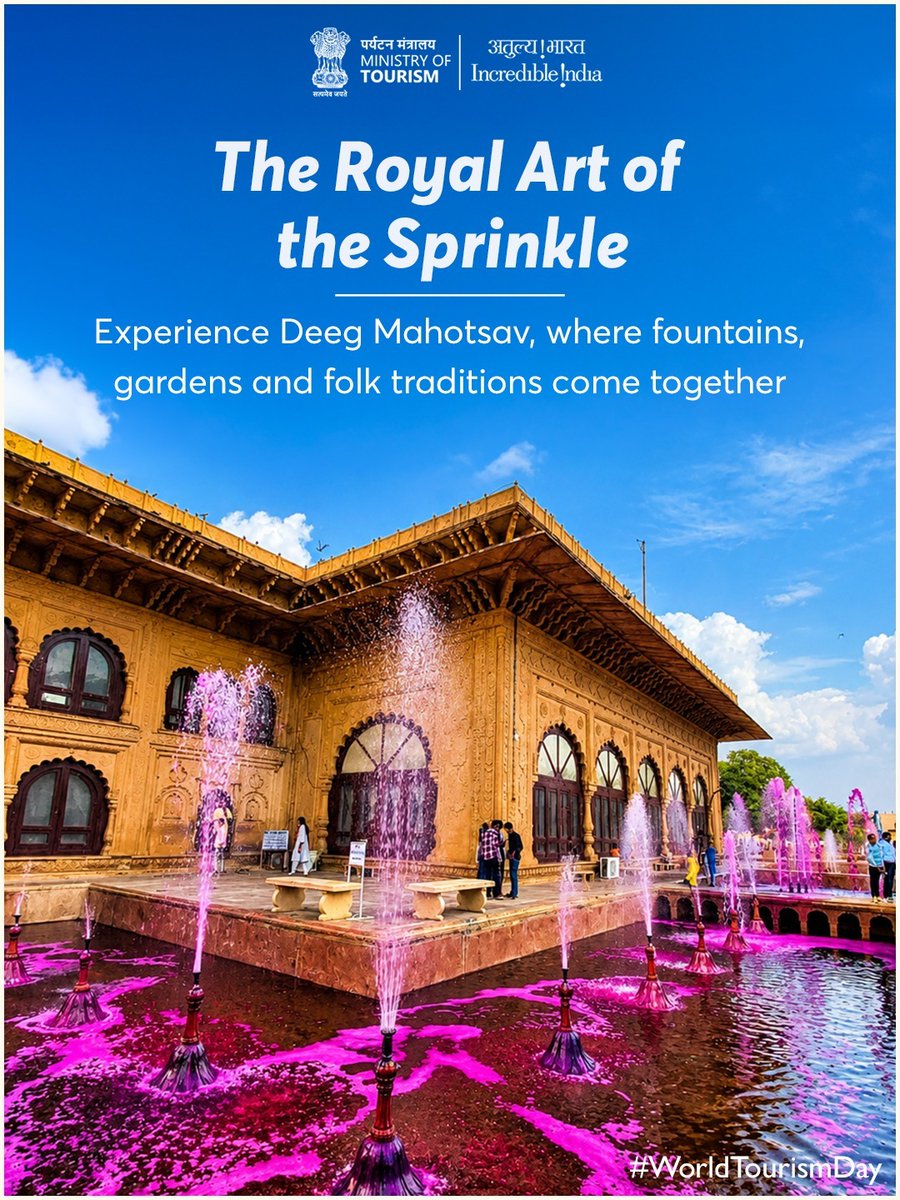 incredibleindia's tweet photo. There’s a Rajasthan beyond the Rajasthan you already know.

A little off the usual trail lies Deeg a royal retreat where grand palaces rise amid landscaped gardens, fountains bring water into the heart of the architecture, and ingenious design made royal summers more comfortable.

Discover another side of Rajasthan, where history, design and ingenuity come together.

#WorldTourismDay #IncredibleIndia #Travel #Tourism #Trending 
1/2